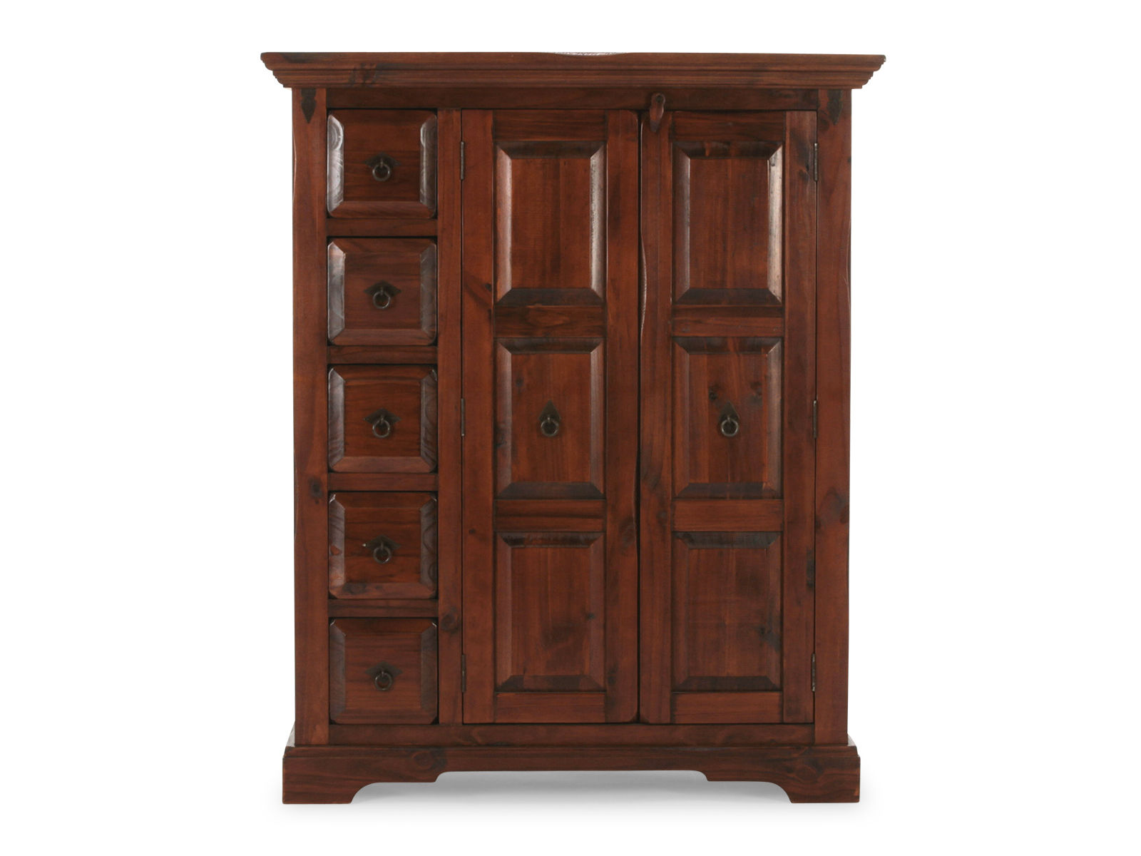 Freisteller Frontansicht: Highboard Catana in Braun lackierter Pinie, 107×130×45 cm, 2 Türen, 5 Schubladen, Produktbild