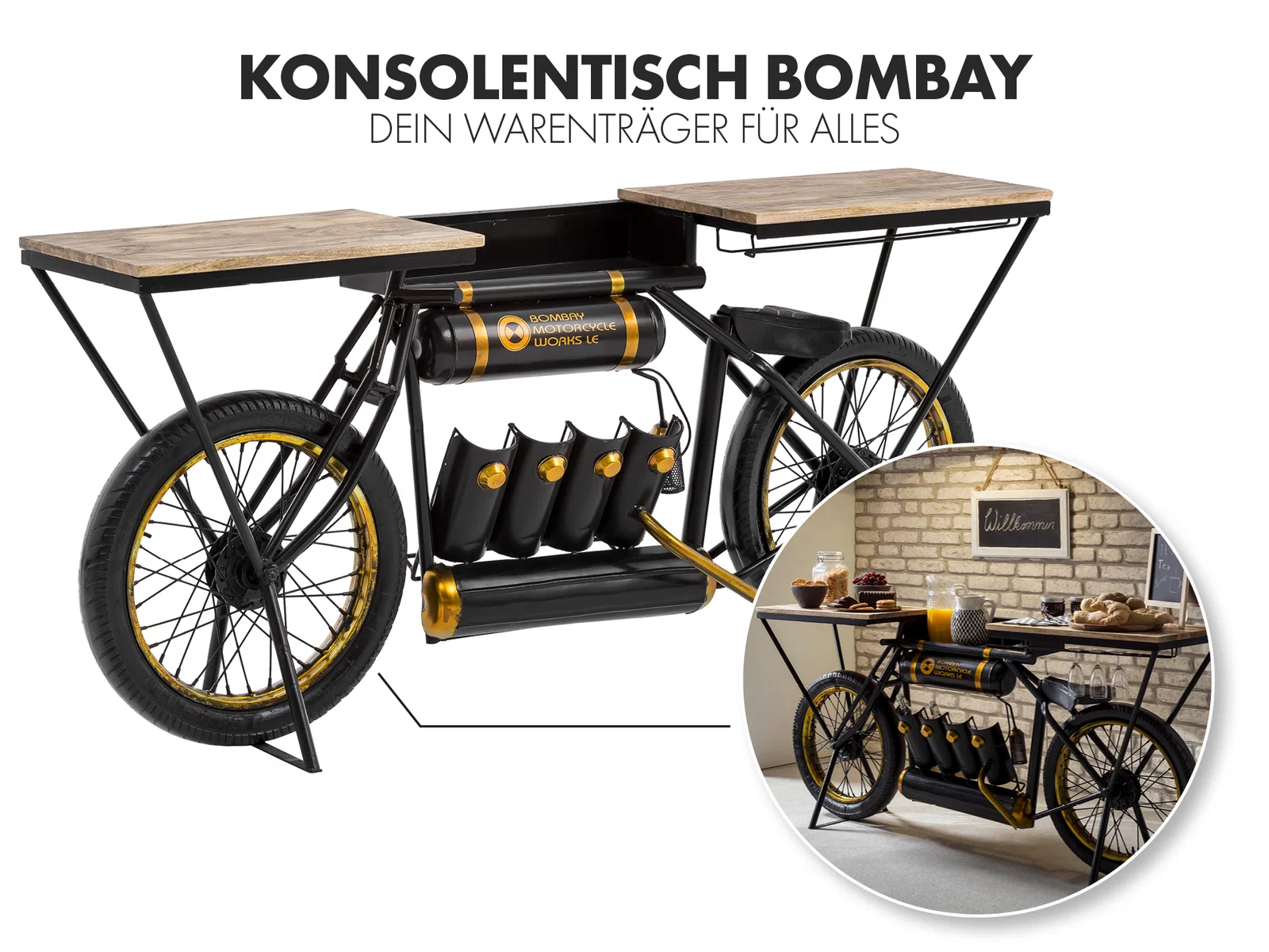 Geparktes Fahrrad vor rustikalem Holz-Barbereich mit Barhockern, warmes Sommer-Ambiente und urbaner, gemütlicher Stimmung