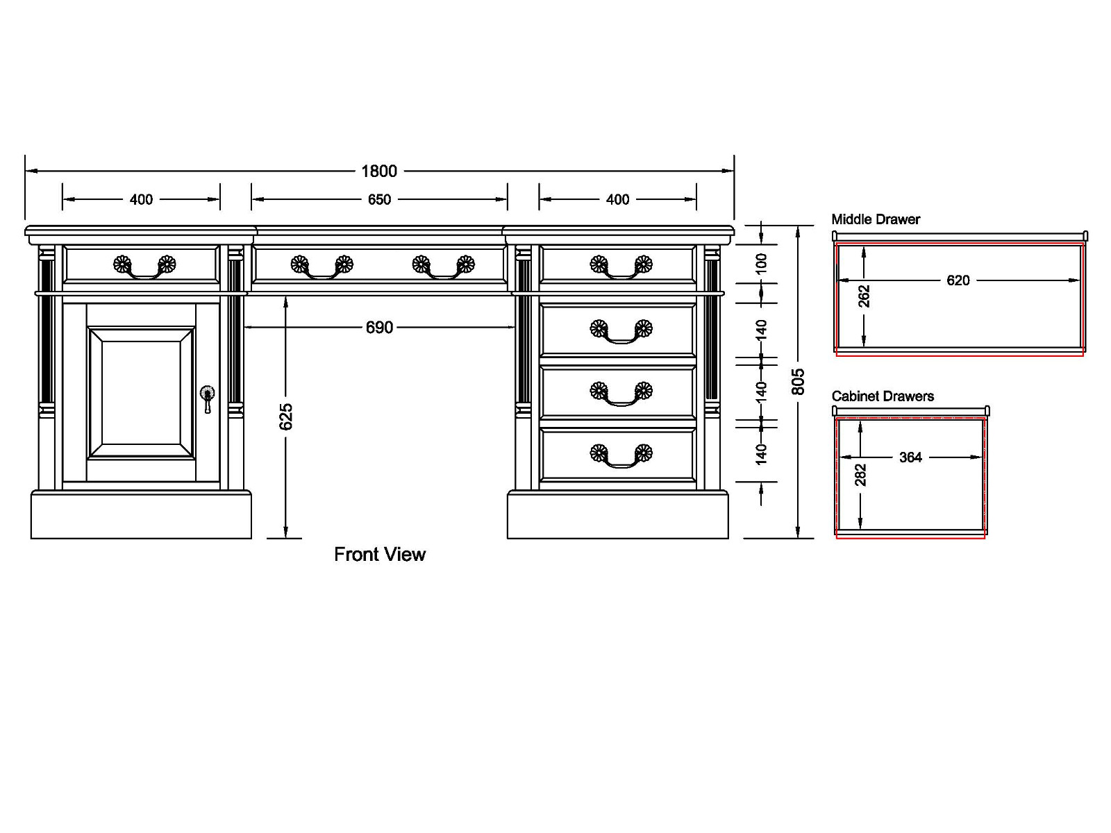 Technische Zeichnung Frontansicht Schreibtisch Cambridge 180×80 Partner, Mahagoni Holz lackiert, 12 Schubladen, 2 Türen