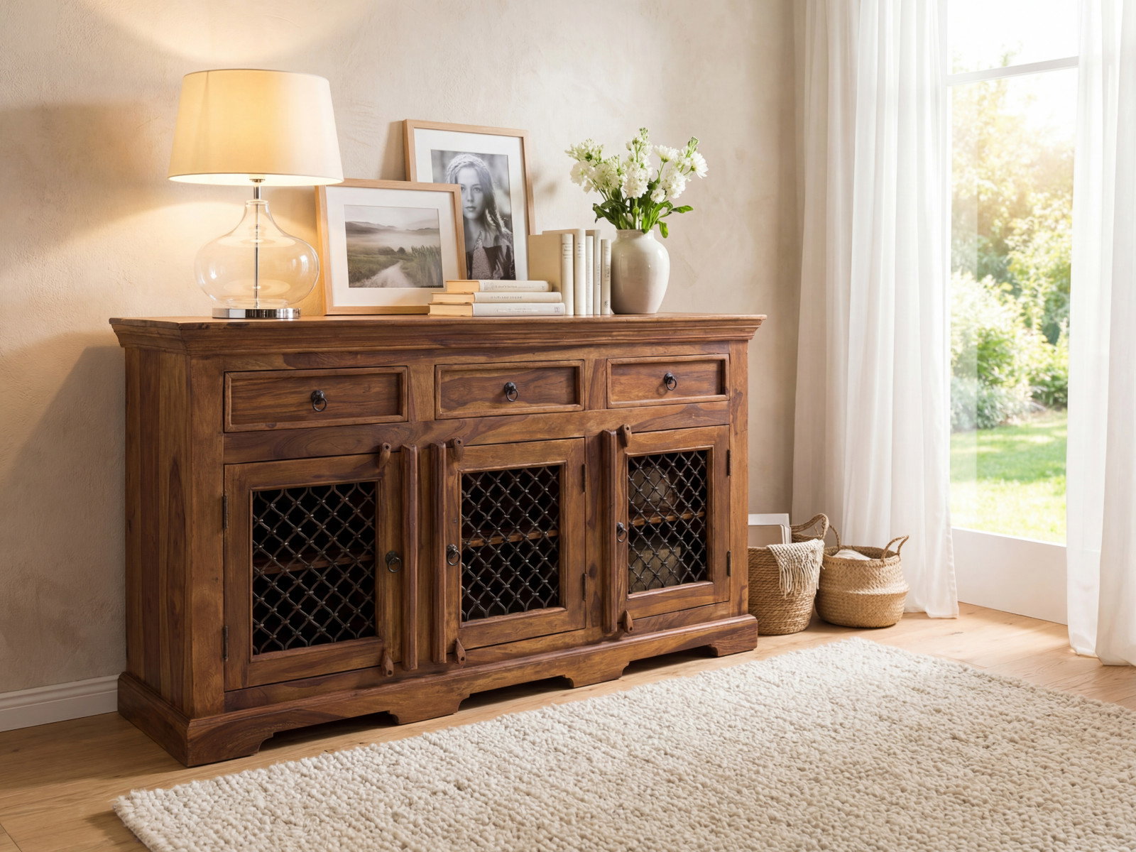Rustikales Sideboard aus Holz mit 3 Schubladen und Gittertüren im wohnlichen Ambiente, dekoriert mit Lampe, Bildern und Blumen am Fenster