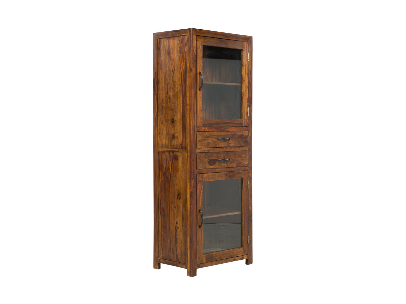 Vitrine Palison dunkel aus lackiertem Palisander, Freisteller 45°-Ansicht, 2 Glastüren, 2 Schubladen, H180×B67×T42 cm