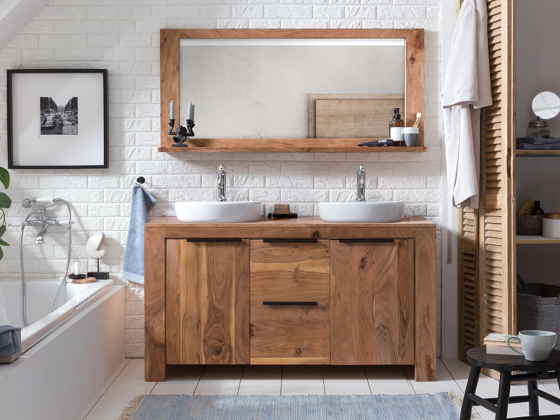 Badmöbel Set Osbon Akazie 2teilig - Metallgriffe Schwarz