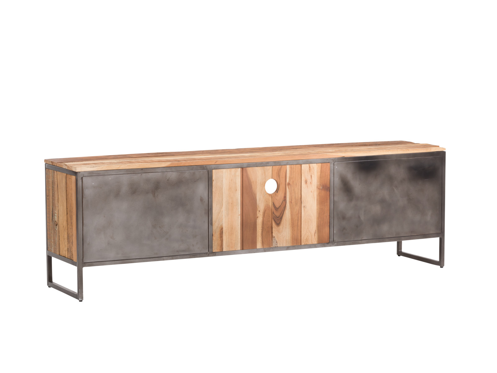 TV-Board Bristol, braunes Altholz/Metall-Freisteller in Frontansicht, 180×52×38 cm, 4 Türen, 1 Schublade, 1 offenes Fach