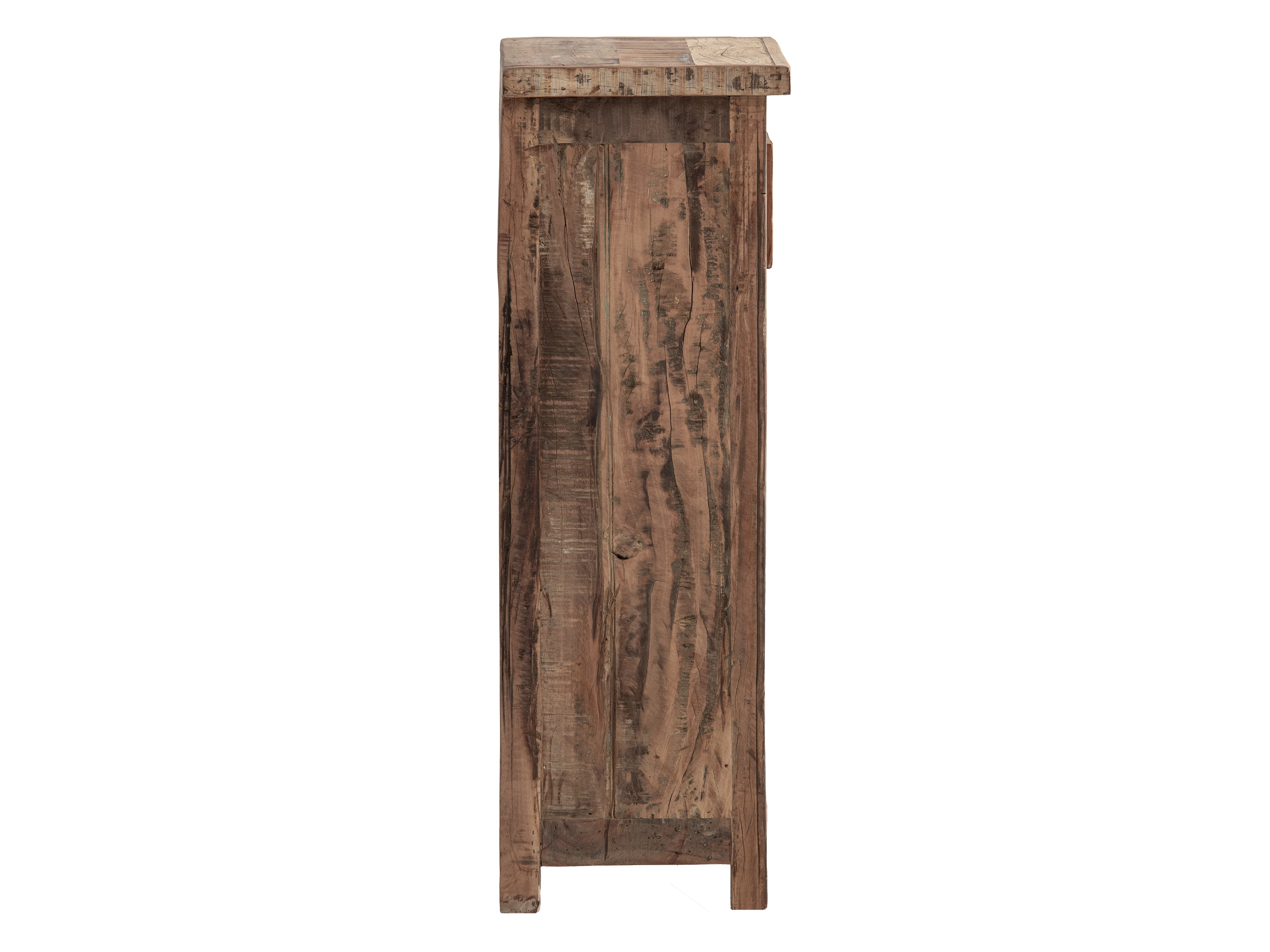 Unterschrank Sumatra – freigestellte Seitenansicht eines 35×90×30 cm Altholz-Unterschranks in Braun (unbehandelte Oberfläche) mit rechts angeschlagener Tür und Schublade.
