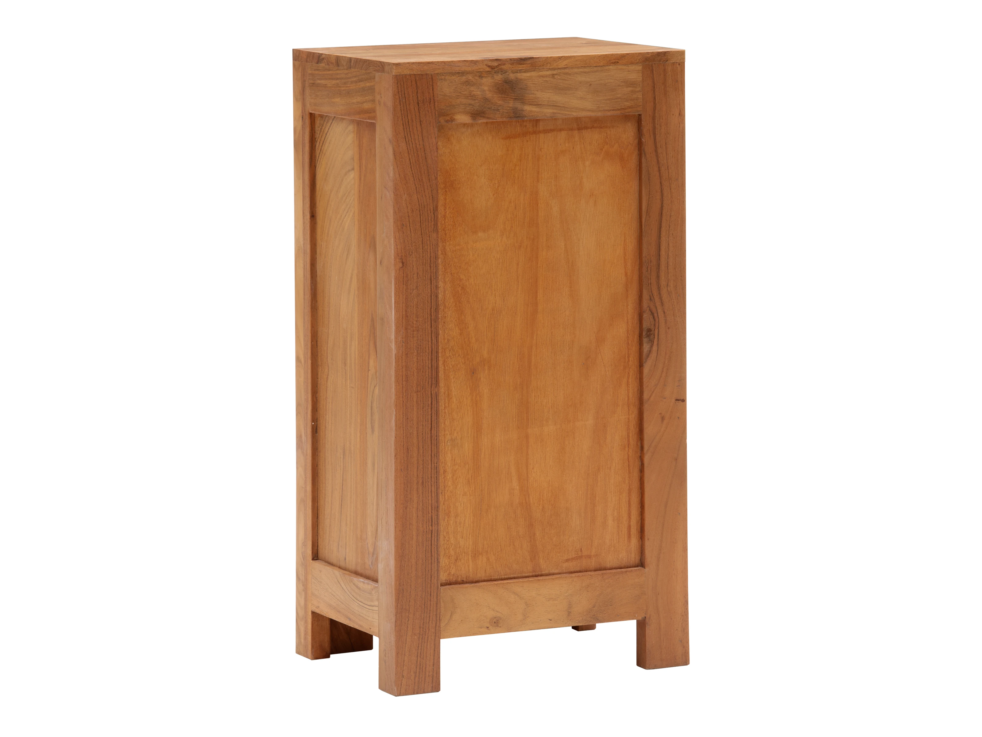 Freisteller des Unterschranks Osbon aus Akazienholz, 45-Grad-Ansicht, braun lackiert mit einer Tür und silbernen Metallgriffen.