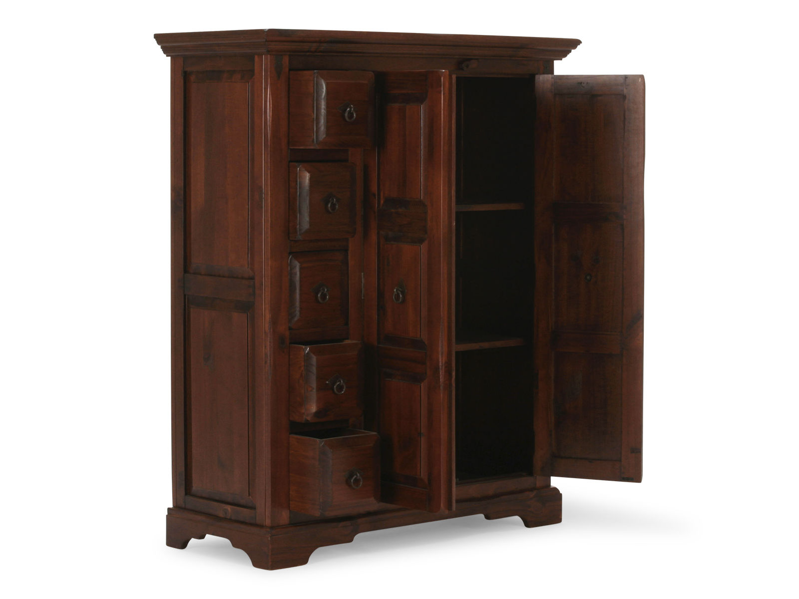 Highboard Catana braun, 45°-Freisteller, geöffnete Frontansicht, lackierte Pinie, 107×130×45 cm, 2 Türen, 5 Schubladen