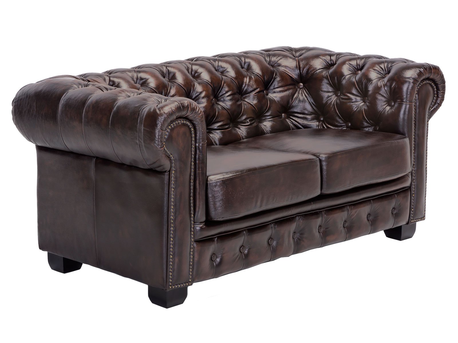 Chesterfield Sofa Garnitur Braun Echtleder 210x72x90 Schrägansicht