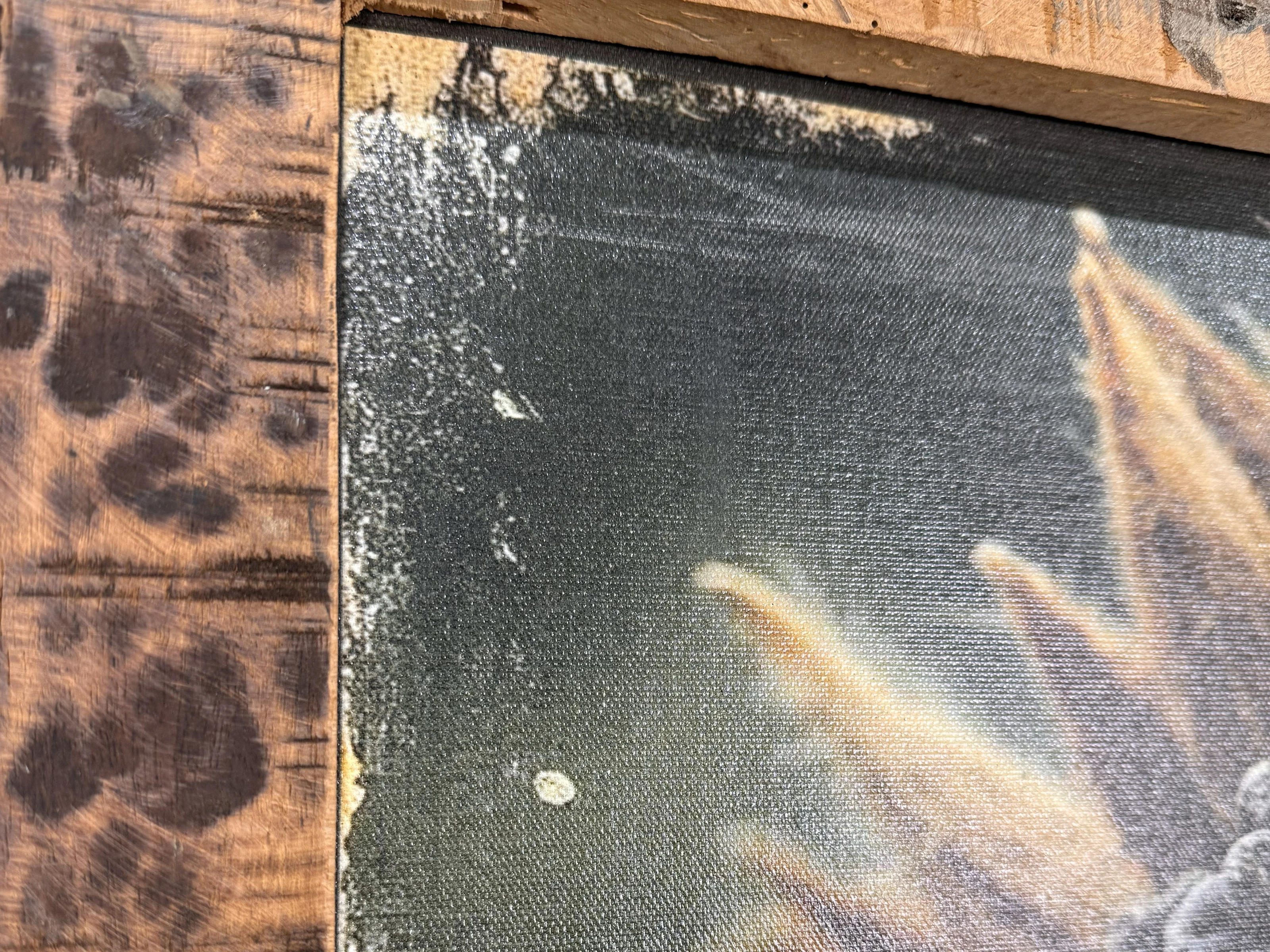 Detailansicht Canvas Wandbild „Spirit of Earth“ (70×90 cm) mit rustikalem Altholzrahmen und gealterter Leinwandstruktur