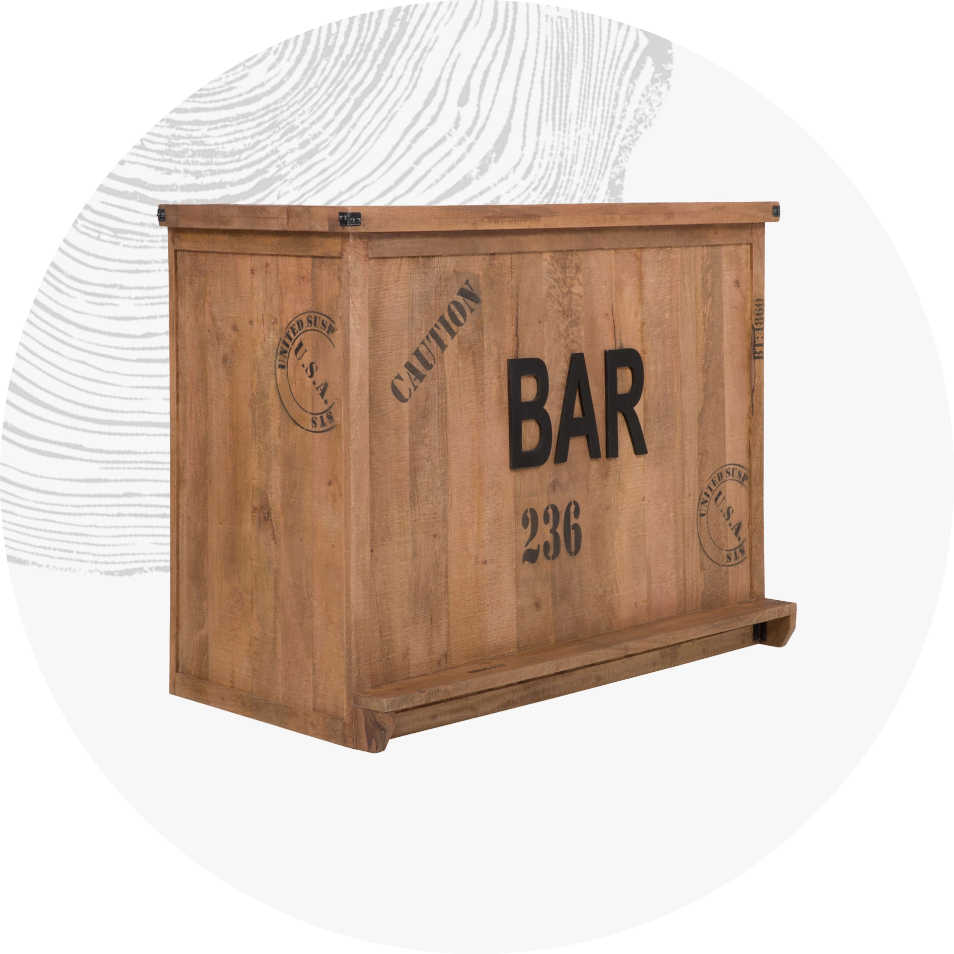 Moderner Bartresen aus Holz mit rustikalem Holzfinish im warmen, industriellen Bar-Ambiente