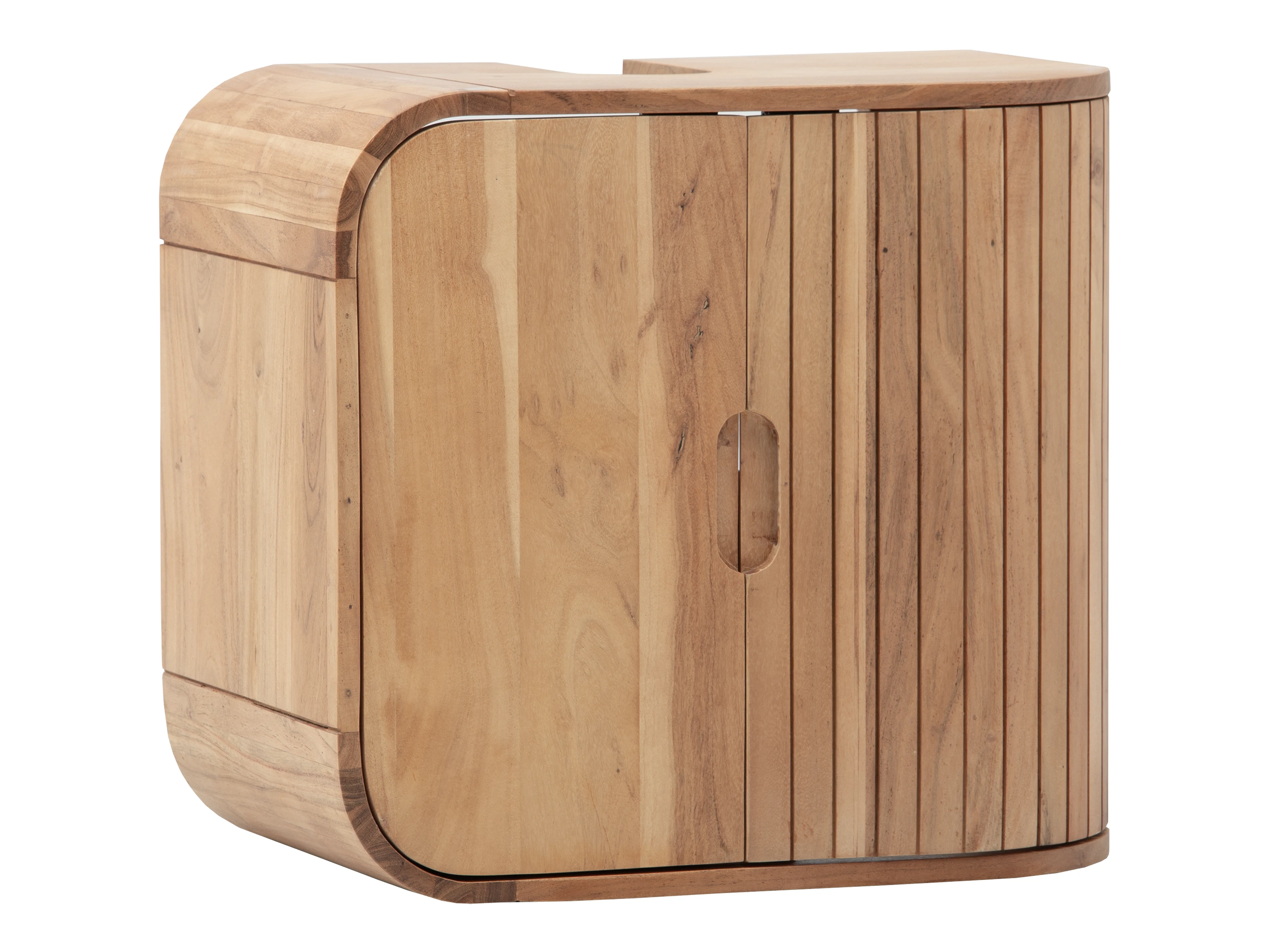 Freisteller: Badmöbel-Unterschrank Tenaga Akazie in eichefarbenem, lackiertem Akazienholz mit Softclose-Tür, braun, 45°-Ansicht.