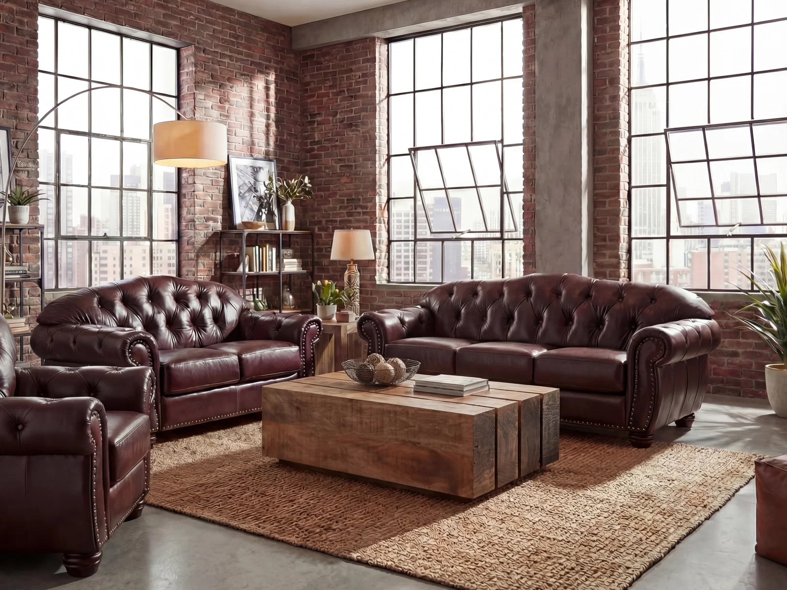 Chesterfield-Sofa-Set Hereford in Braun mit Holztisch, warmen Textilien und Pflanzen in einem lichtdurchfluteten Wohnzimmer für einen gemütlichen Spätsommer zu Hause