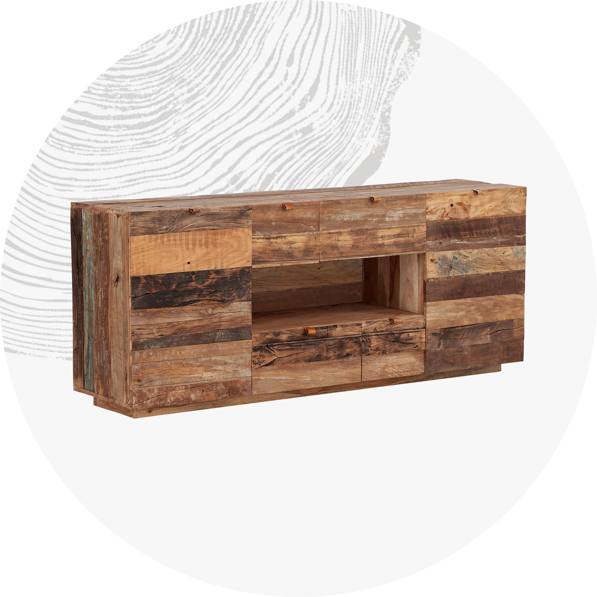 Modernes Holz-Sideboard in warmem Naturton mit klaren Fronten und schlanken Beinen, minimalistisches skandinavisches Design und viel Stauraum