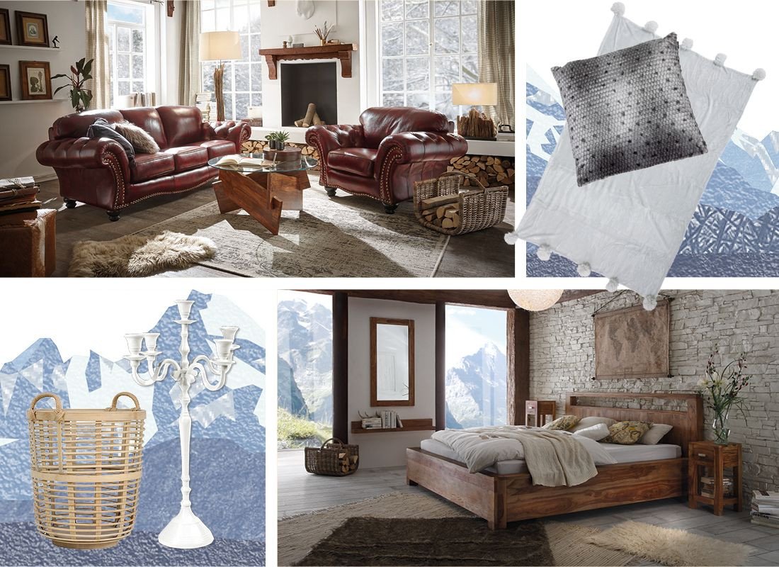 Chalet‑Stil Wohnzimmer mit warmem Naturholz‑Interieur, rustikalen Möbeln, gemütlicher Atmosphäre und weichen Textilien