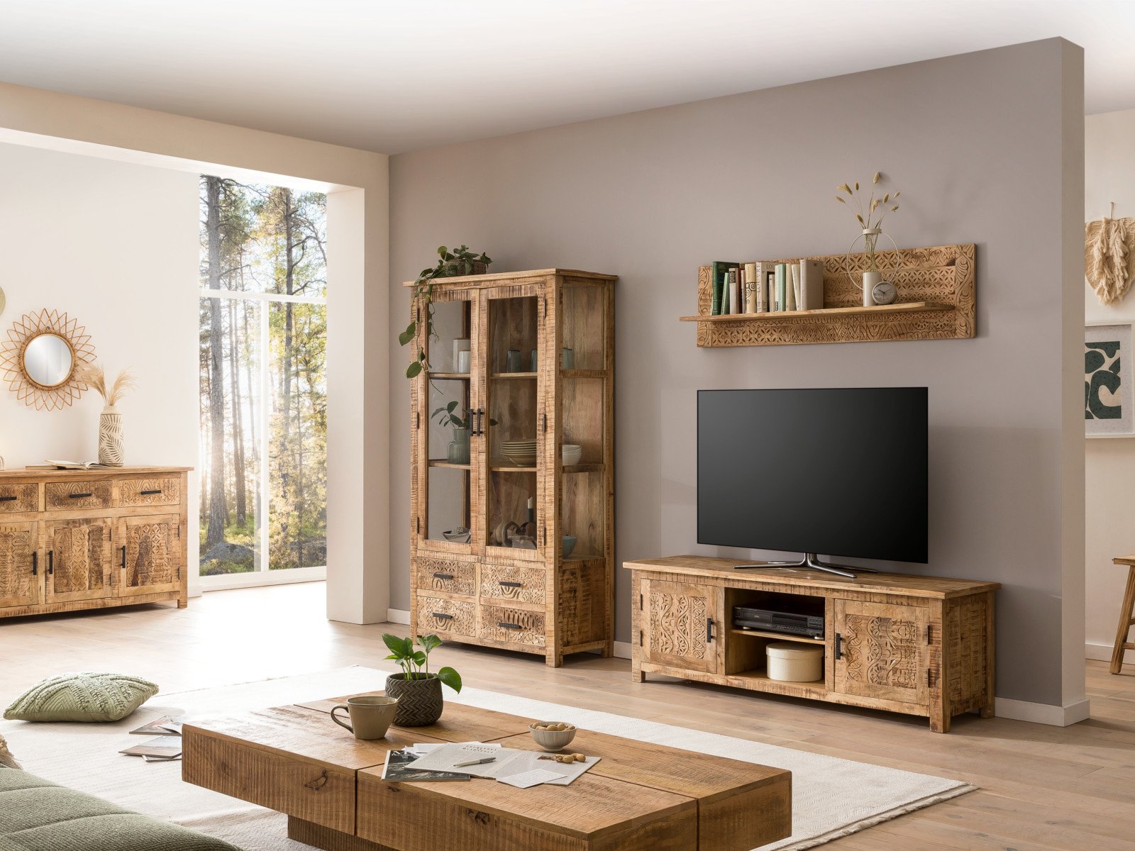 Sideboard Mumbai massiv 180x80 cm geschnitzt Holz