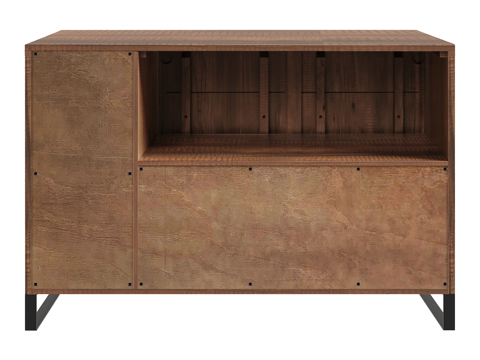 Waschtisch Sydney Pinie 105cm Freisteller Frontansicht des kleinen Badsets Sydney aus dunkel lackierter Pinie – braunes Holz-Regal mit offenem Fach und Türen