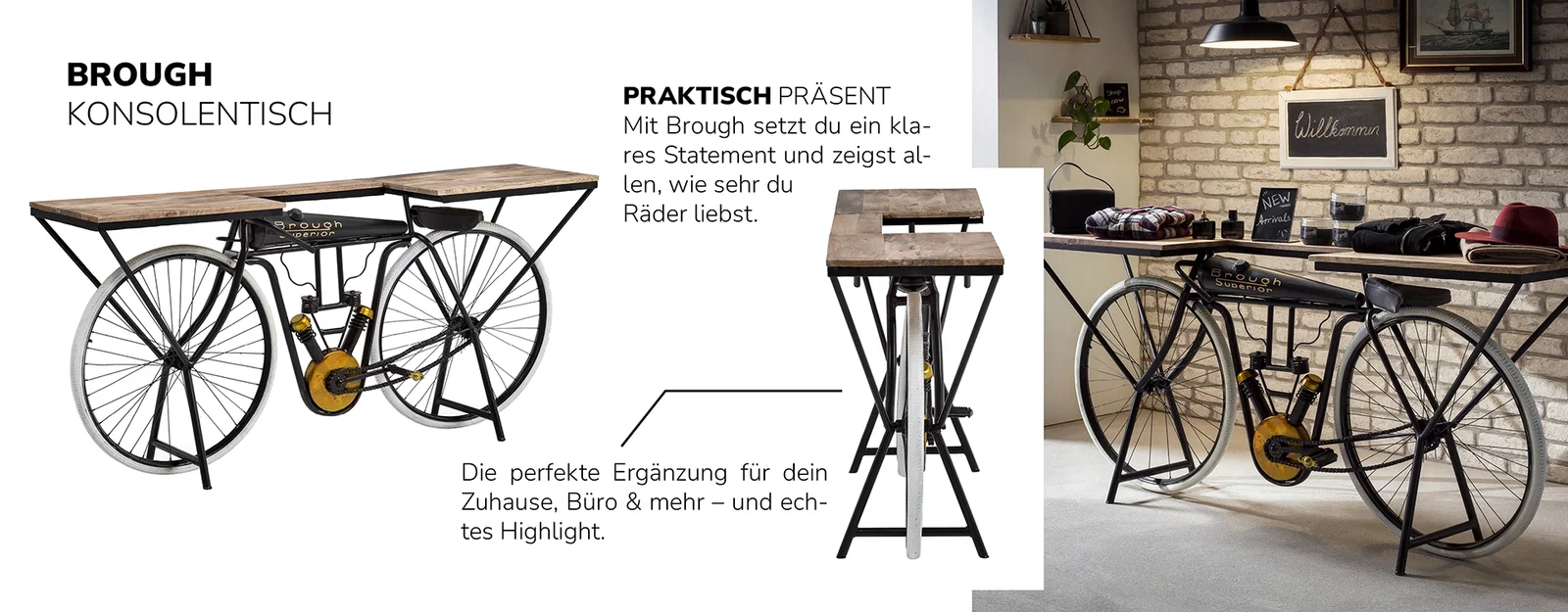 Brough Schreibtisch-Collage: moderne Massivholz-Schreibtische, natürliche Holzmaserung, schlanke Metallbeine, Wohnambiente.