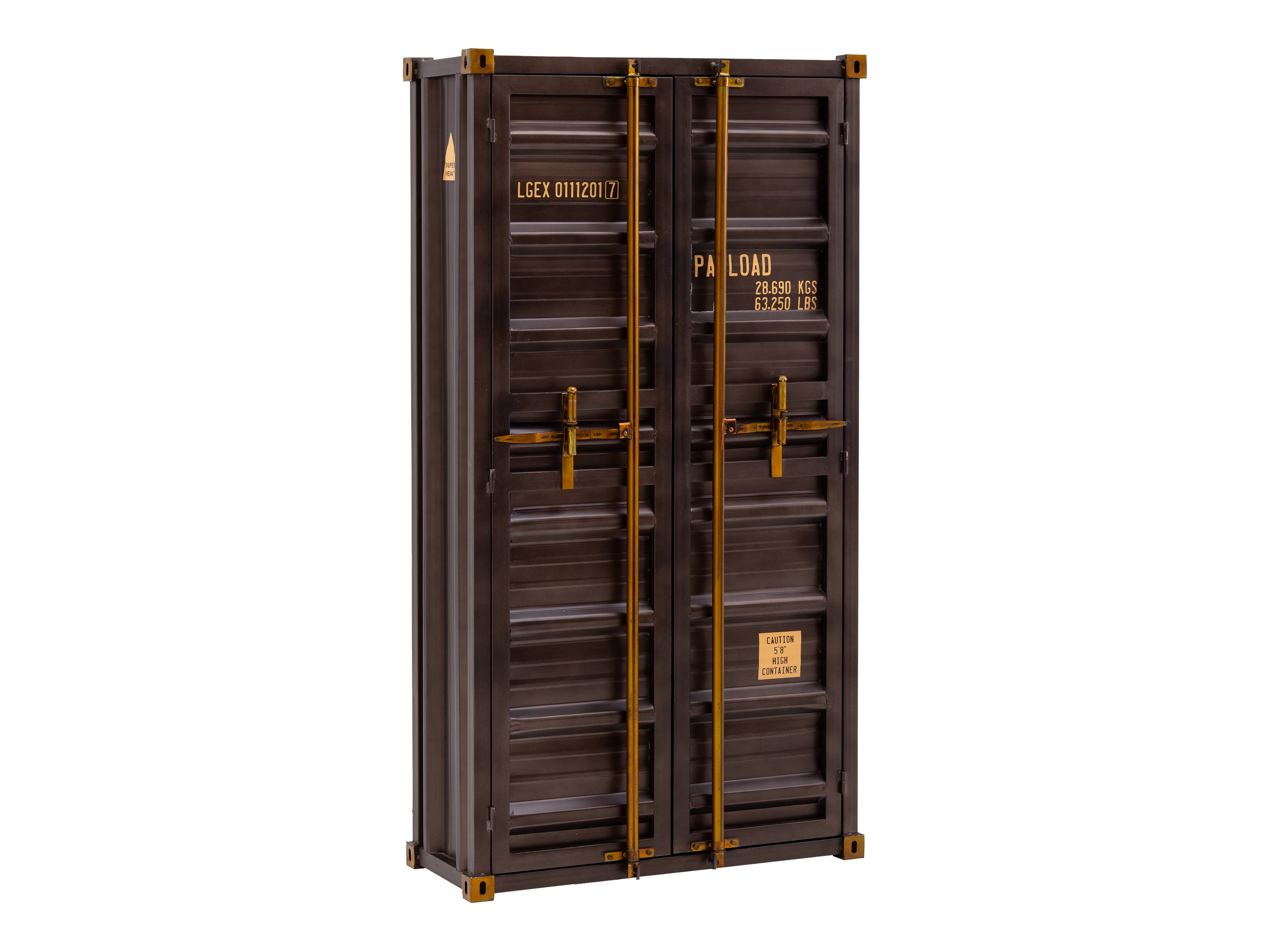 Weinschrank Cargon, freistehend, braun lackierter Mangoholz-Metall-Korpus 45°-Freisteller, 2 Türen im Container-Look