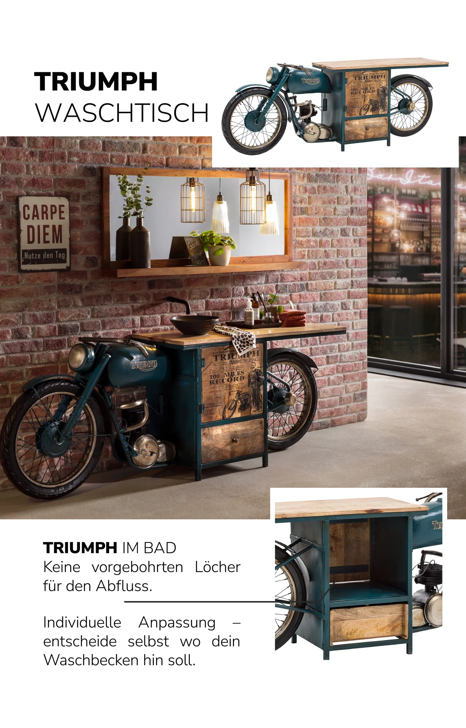 Collage des Triumph-Holzmöbelansichten: Gesamtansicht, Detailaufnahmen und Holzoberfläche in warmen Tönen, modernes Design