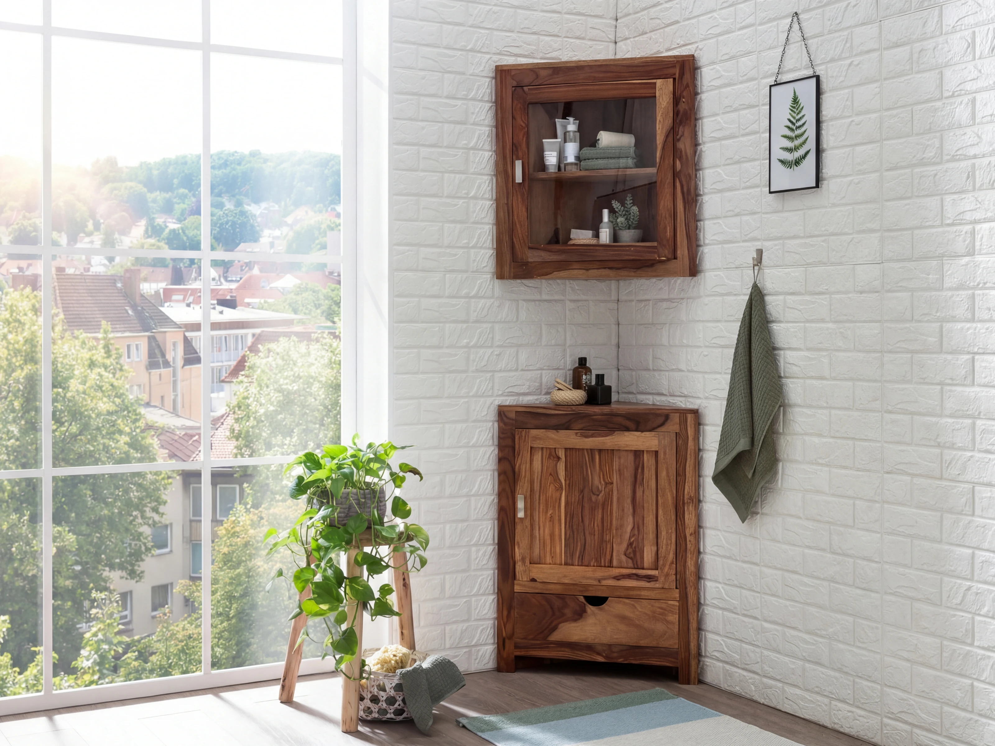 Badmöbel Set Laros Akazie – Eckschrank Set