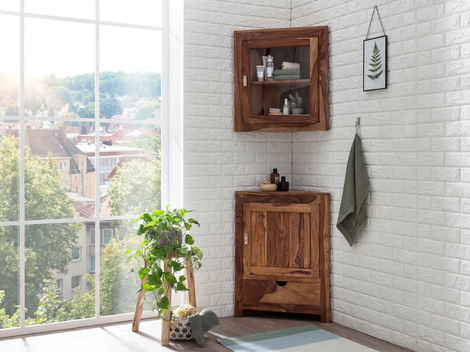 Helles Bad-Ambiente mit Badschrank und Hängeschrank aus Holz, weiße Ziegelwand, große Fensterfront und grüne Pflanzen