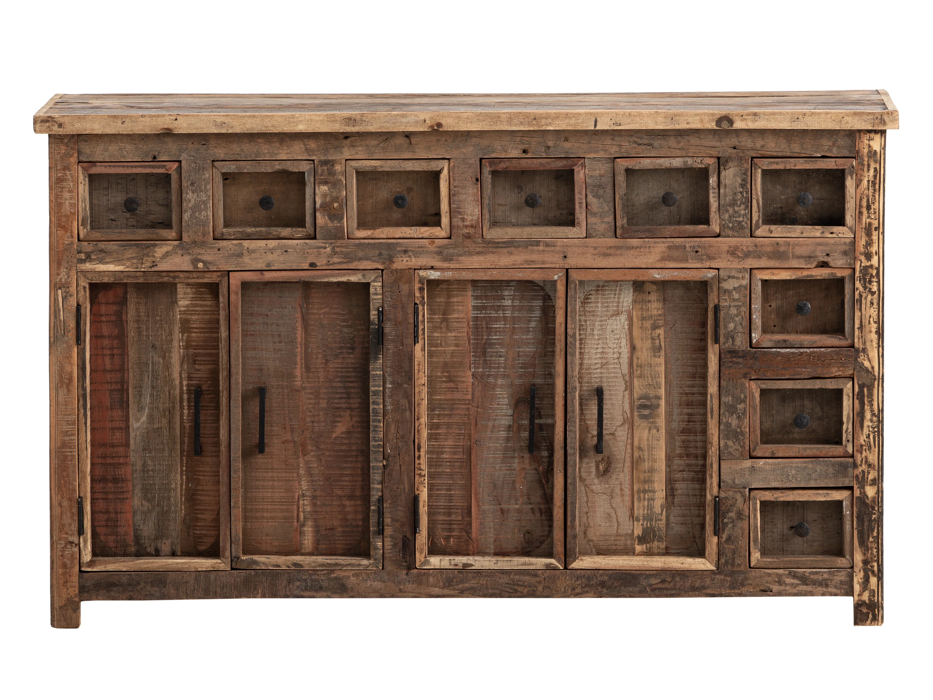 Freisteller Frontansicht: Sideboard Sumatra 4-türig mit 9 Schubladen aus braunem Altholz (147×89×40 cm)
