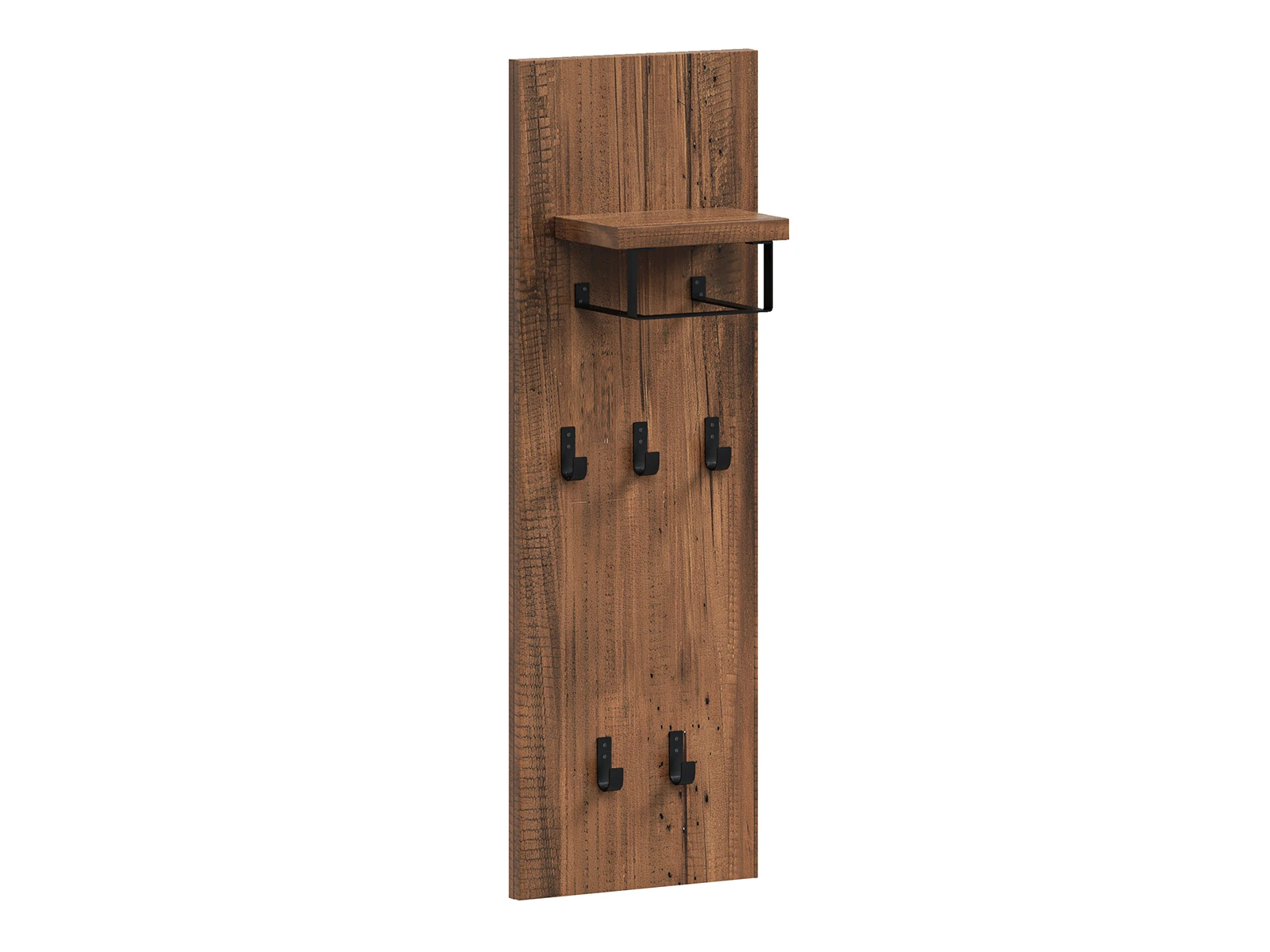 Wandgarderobe Sydney Pinie (B35×H107×T20 cm), braun lackiert, mit 5 schwarzen Haken und Ablagebügel, Freisteller 45°-Ansicht