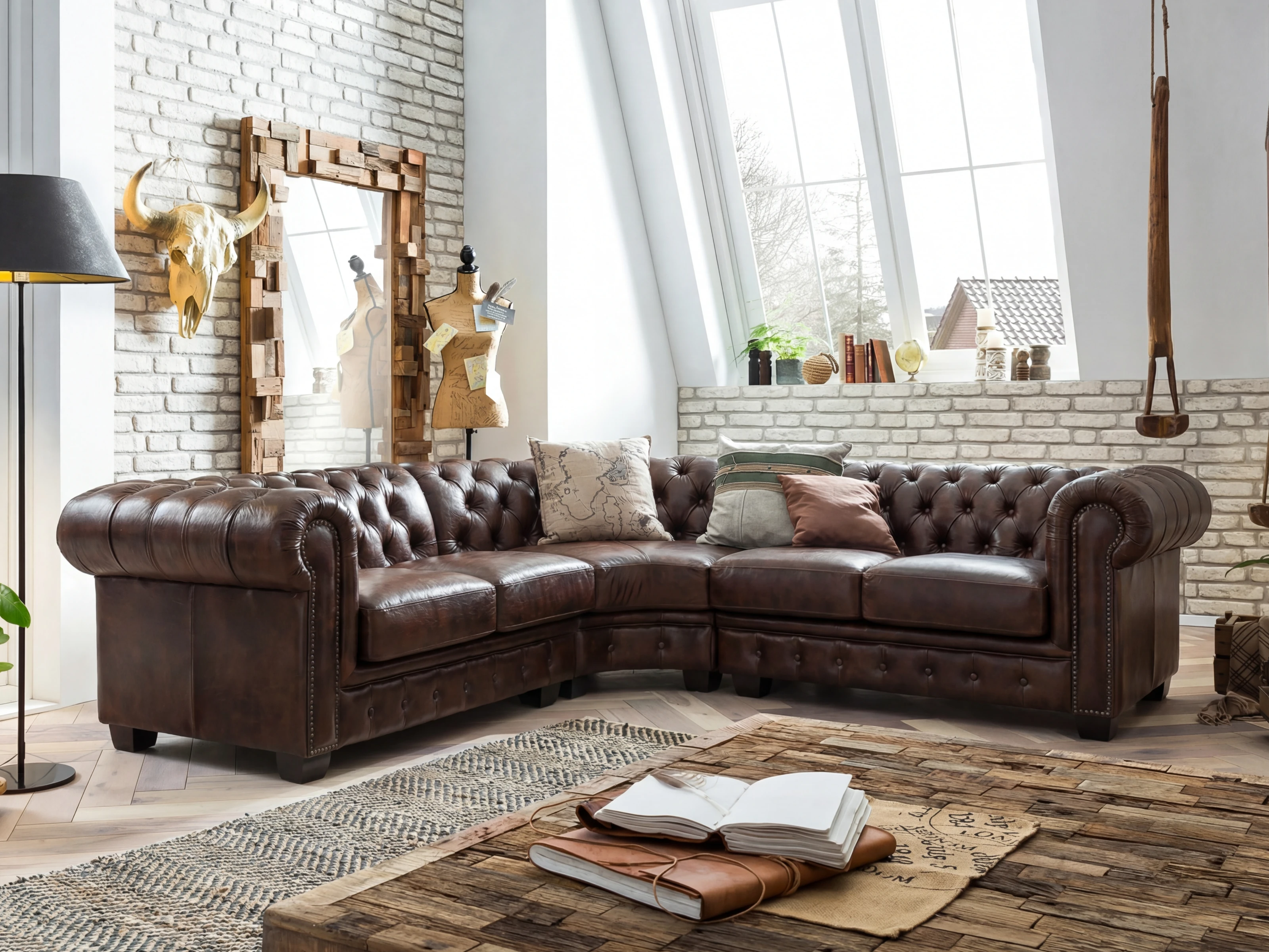 Ecksofa Chesterfield Echtleder III braun