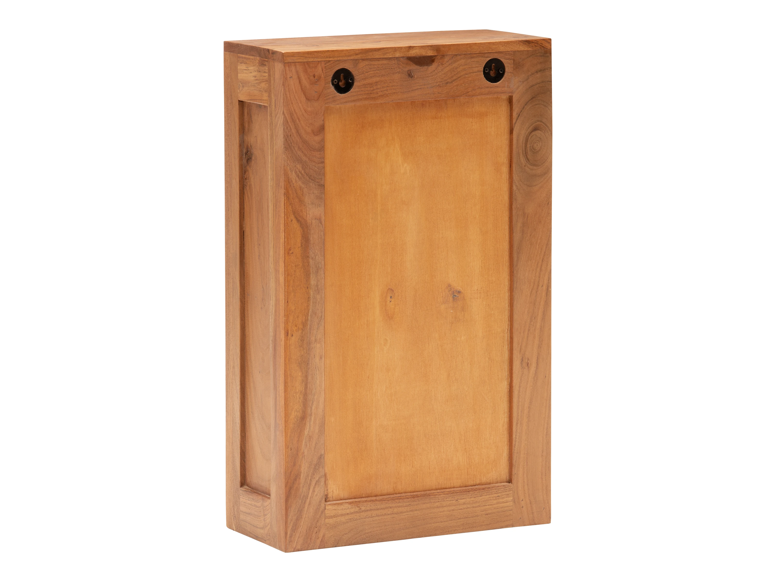 Freisteller Rückansicht des Hängeschranks Osbon aus Akazienholz, lackiert braun, mit Aufhängevorrichtung und Rückwanddetail.