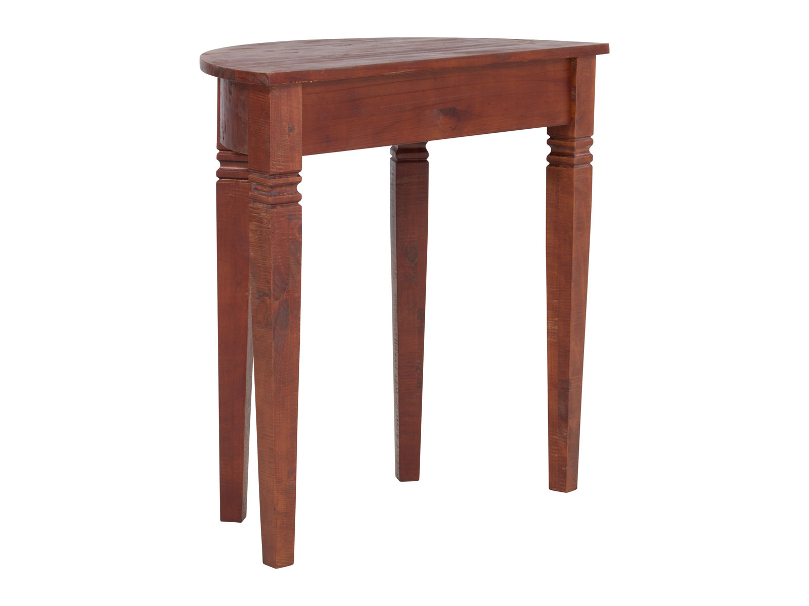 Freisteller: Konsolentisch Halbmond „Catana“ in Braun, lackierte Kiefer, 45°-Frontansicht, 80×78×40 cm, 1 Schublade