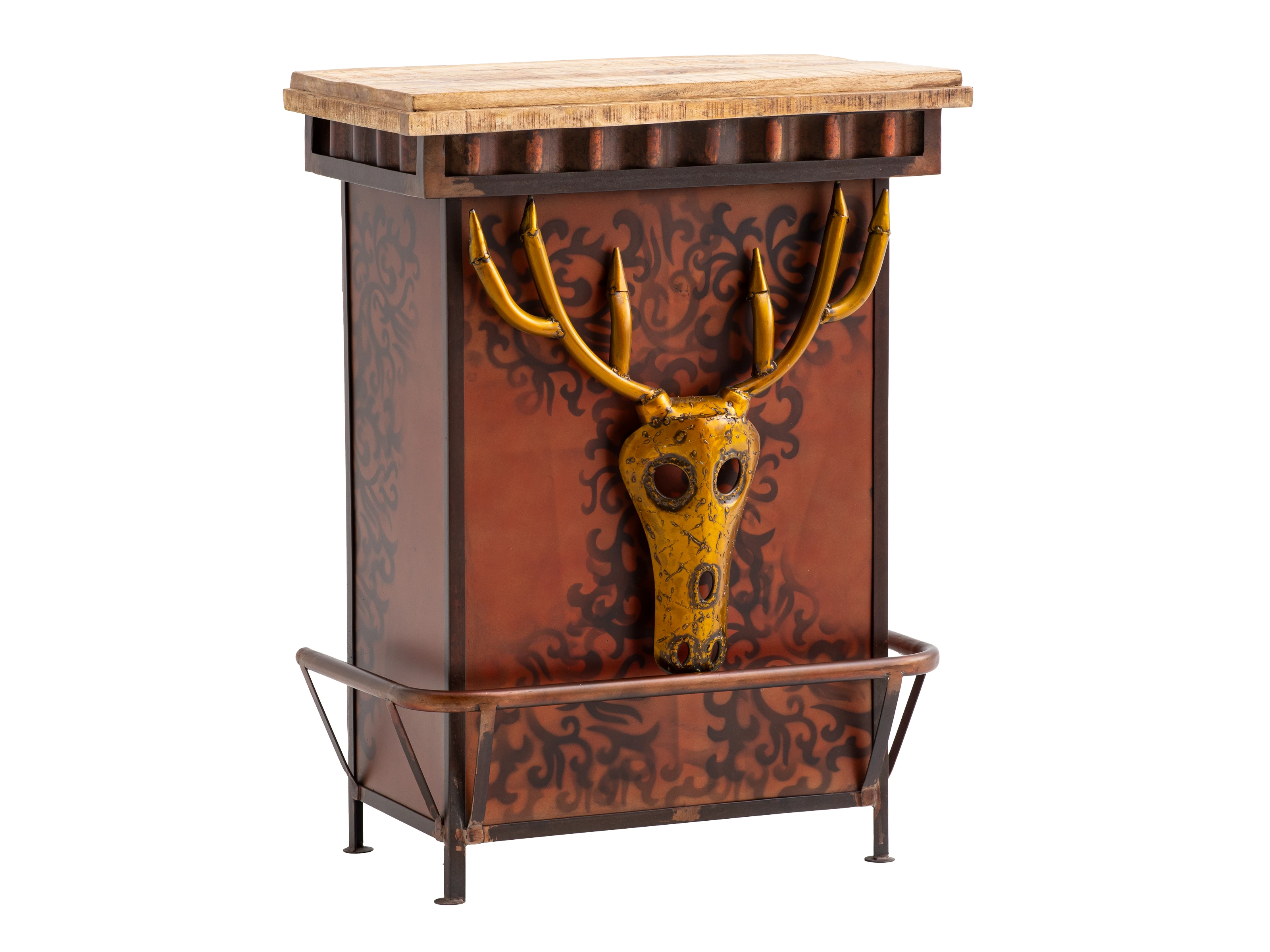 45°-Freisteller des Bartresens Hollowhorn (75×42×100 cm) aus lackiertem Mango-Holz mit Schublade, Tür und Hirschschädel-Front