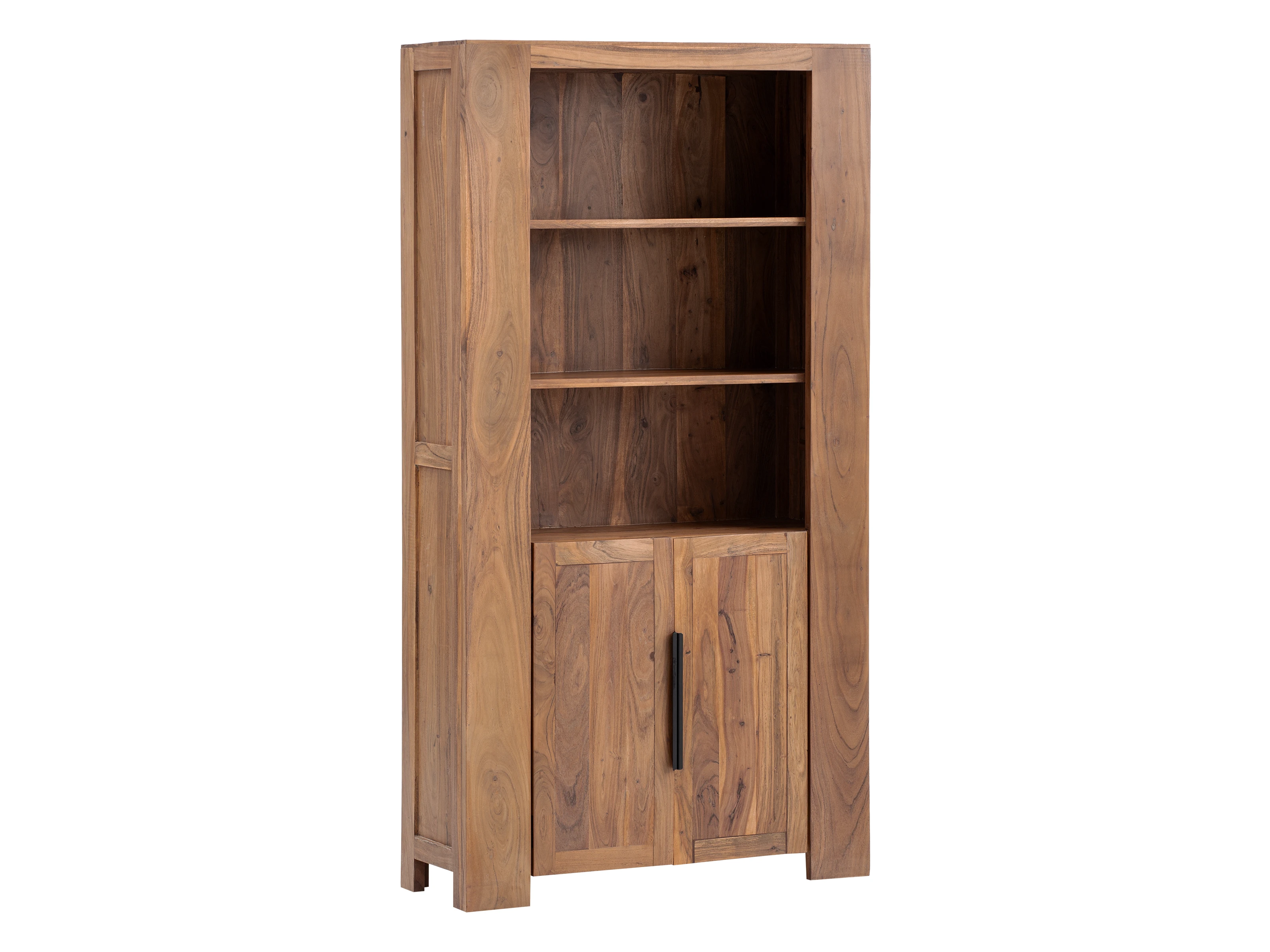 Freisteller 3/4-Frontansicht des Bücherregals „Osbon“ aus lackierter Akazie (B100×H190×T40 cm) mit 3 offenen Fächern und 2 Türen