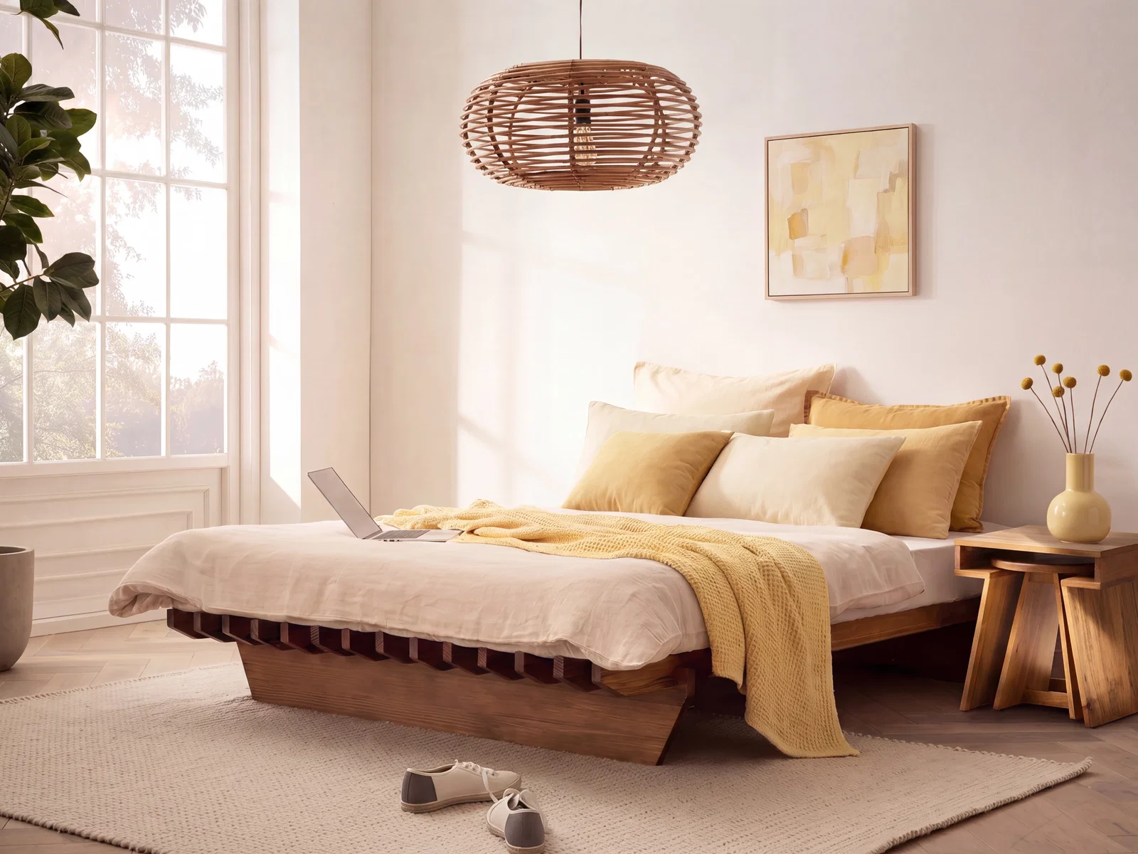 Wohnbeispiel mit Bett und Nachttisch Set Cannes aus Akazienholz, braun lackiert, 45-Grad-Ansicht des Beistelltisches im Schlafzimmer