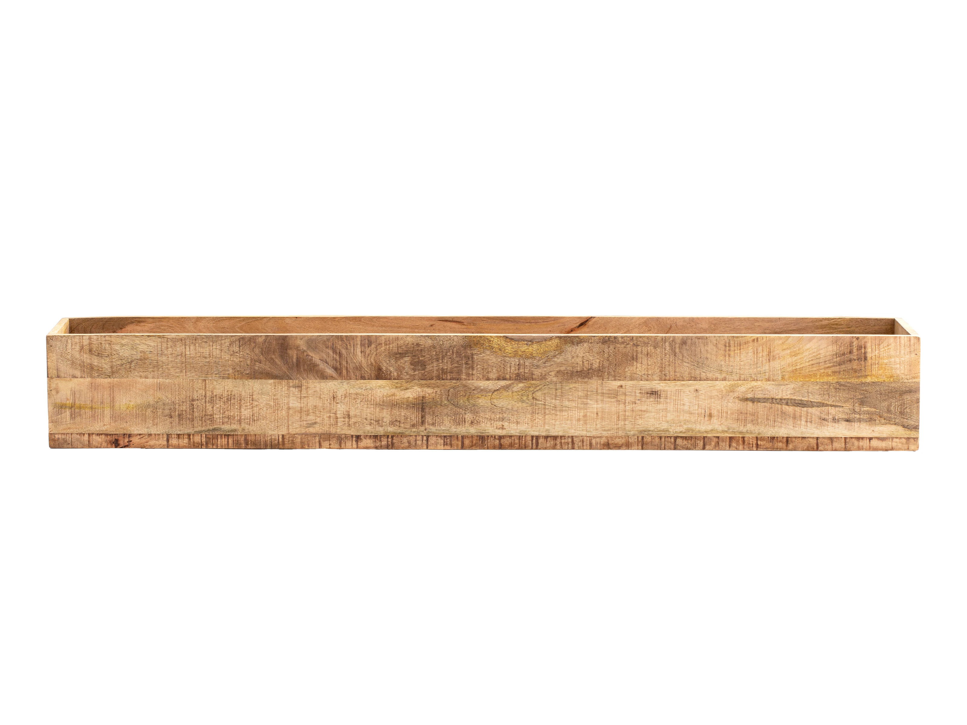 Freisteller Frontansicht: Lackierter Mangoholz-Blumenkasten für Wanddeko (2er-Set), rechteckig, offenes Fach, 170×22×25 cm.