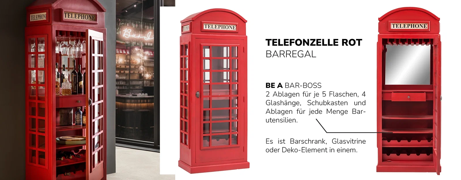 Collage aus roten Londoner Telefonzellen im Pop‑Art-Look, grafischer Druck für Schreibtisch oder Wand, kräftige Farben und urbanes Retro‑Motiv