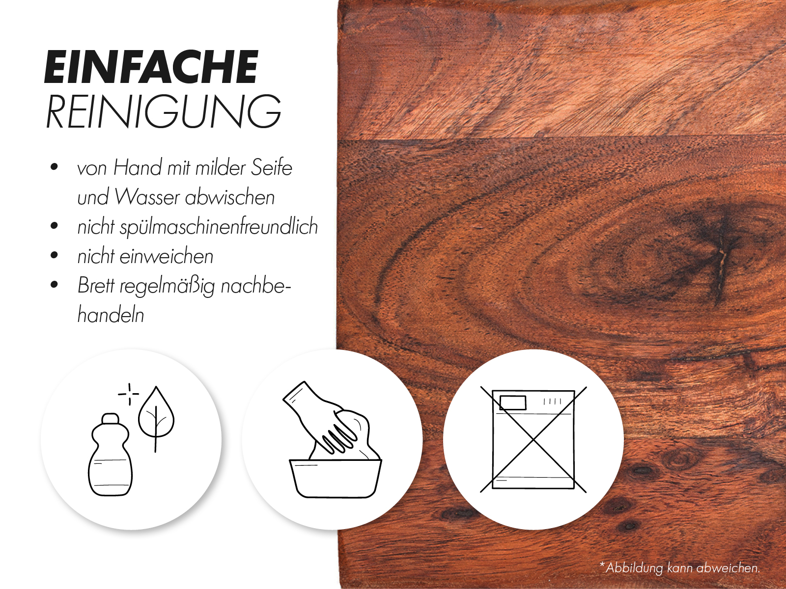 Schneidebrett 38x30x2 cm Detailbild Reinigungshinweise geöltes Akazienbrett: Handwäsche mit milder Seife, nicht einweichen/spülmaschinengeeignet.