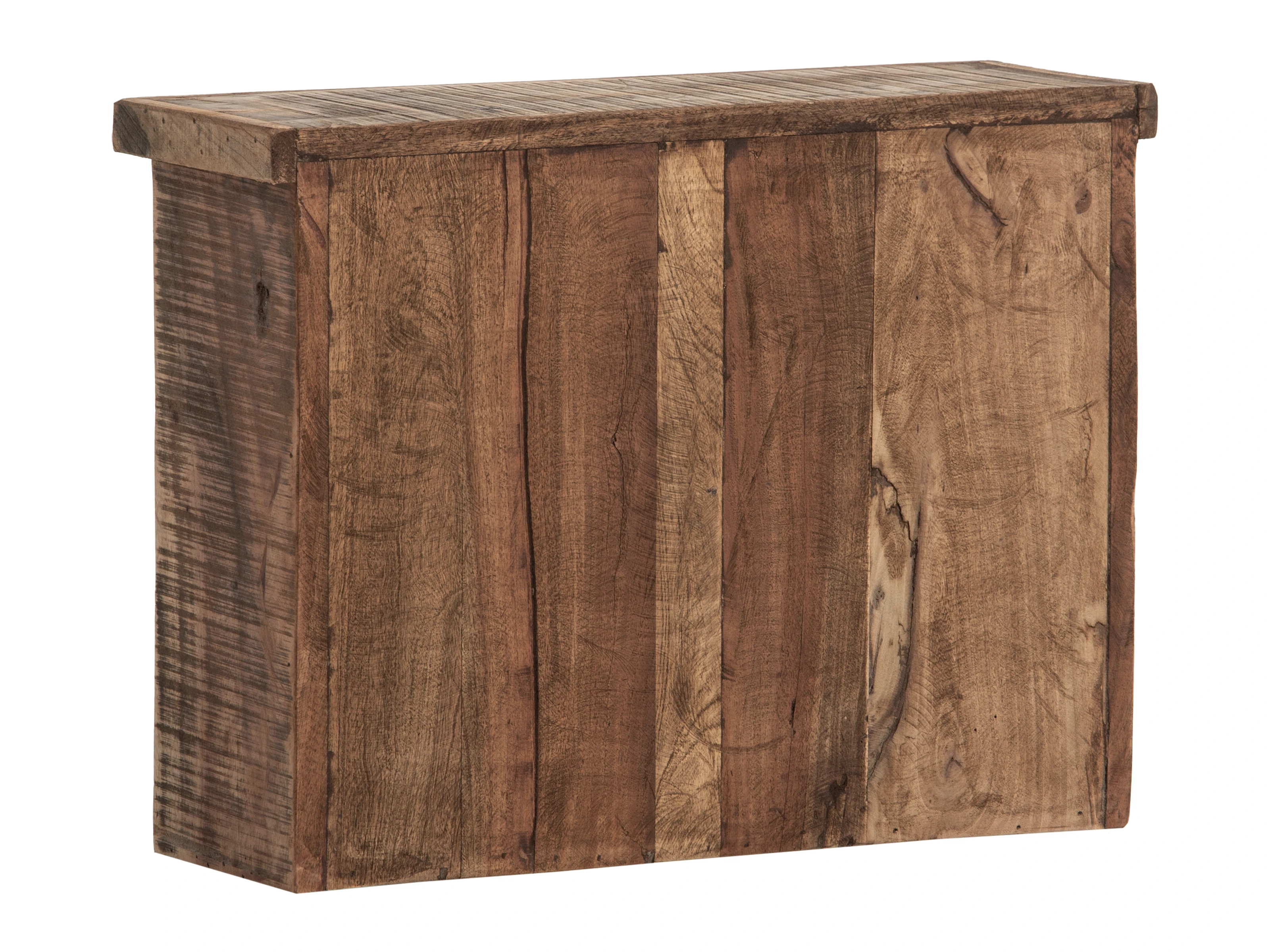 Spiegelschrank ‘Sumatra’ aus braunem Altholz, unbehandelt, Freisteller-Frontansicht, 60×45×20 cm, 1 Tür, 1 offenes Fach