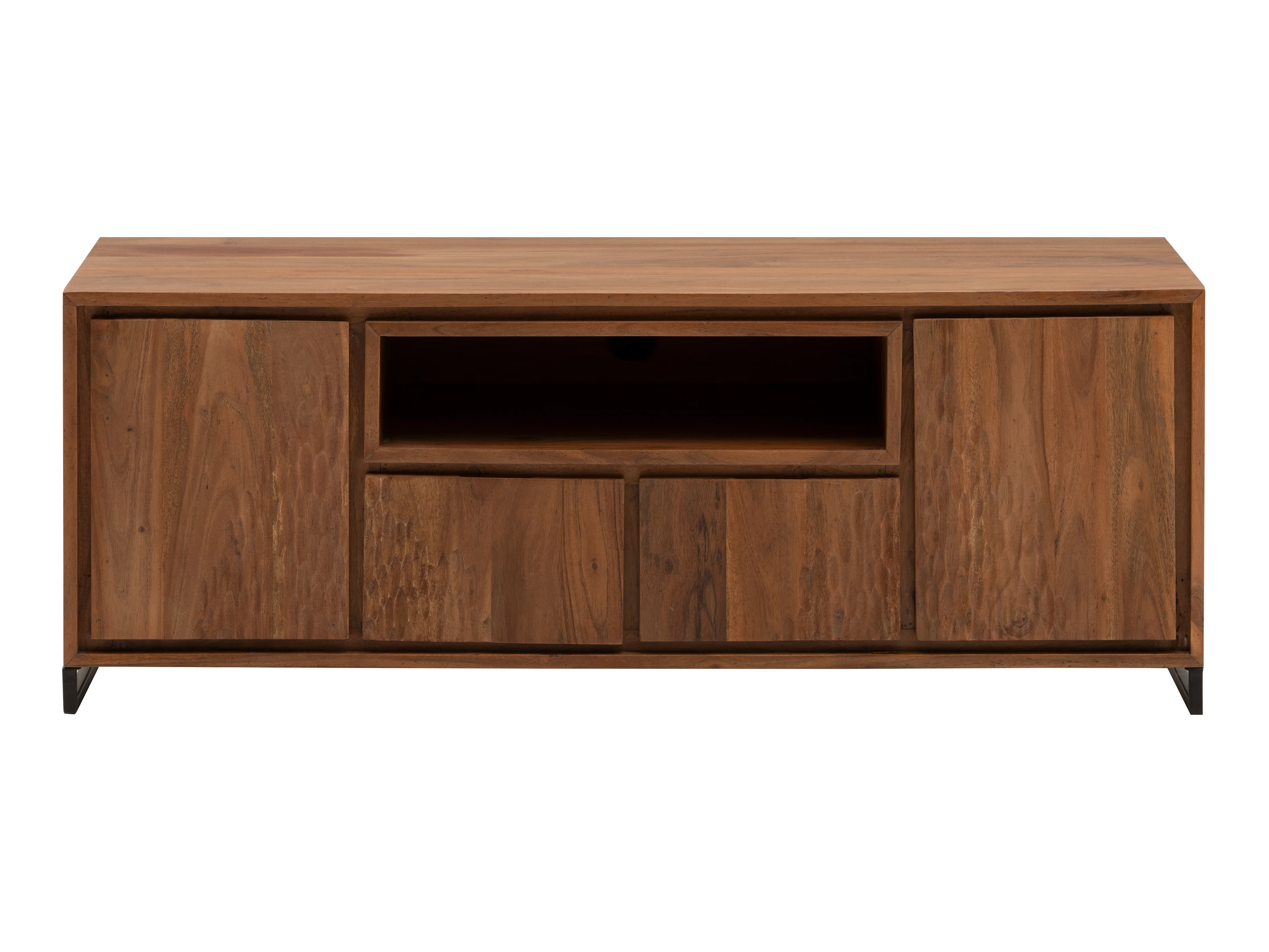 TV-Bank Maddox Akazie Freisteller-Frontansicht, 120x45x45 cm, lack. Akazienholz, 2 Türen, 2 Schubladen, 1 offenes Fach, braun
