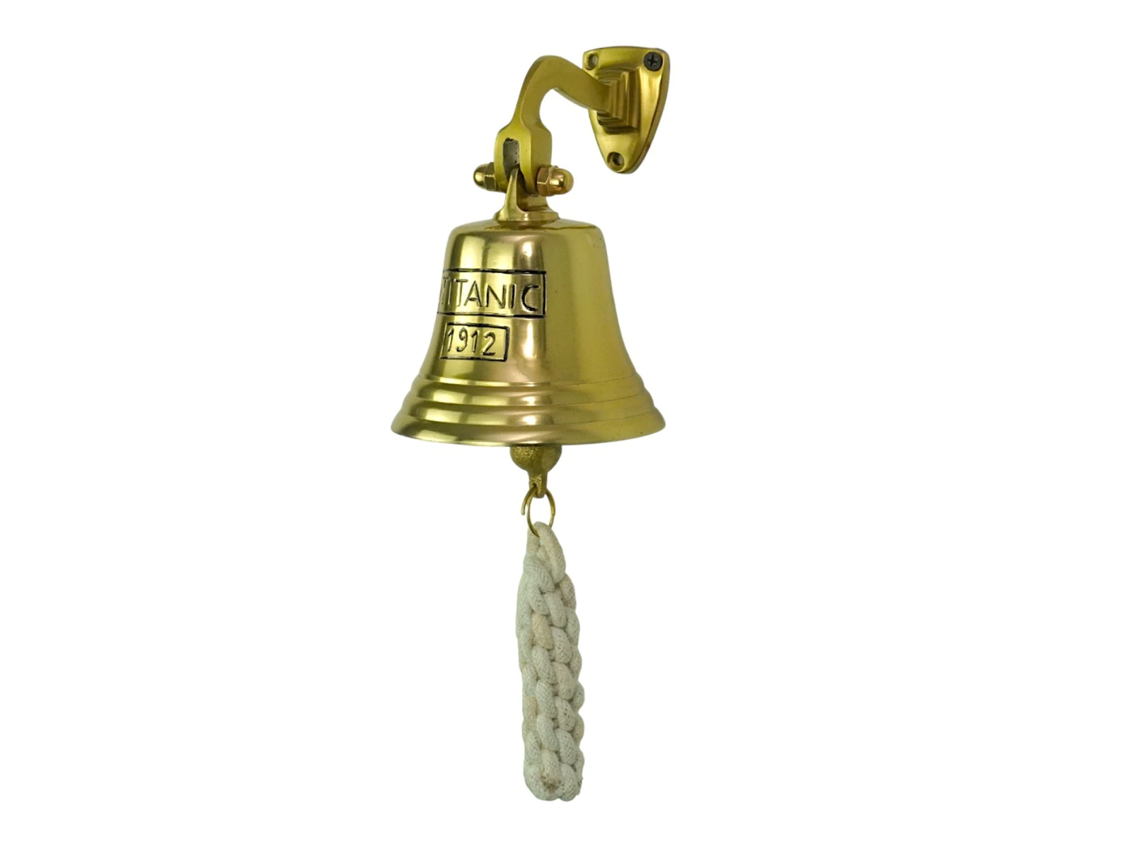 Freisteller, 45°-Ansicht: Thekenglocke Max Messing D10 cm mit Wandhalterung, Metallglocke und Baumwollzug – Theken-Glocke