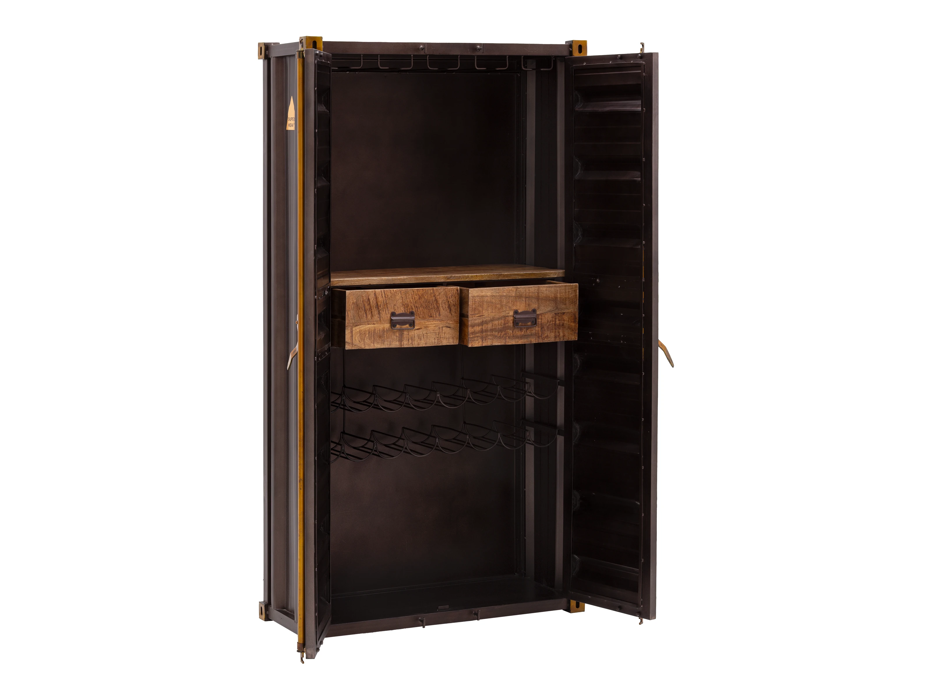 Weinschrank Cargon Freisteller Frontansicht geöffnet, Metall-Holz Mango, braun, 2 Türen, 2 Schubladen, integriertes Weinregal