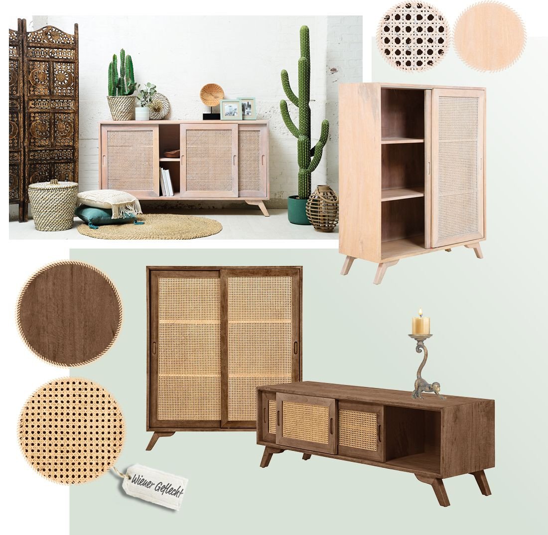 Gemütliches Wohnambiente mit Korbmöbeln und Holzdetails: Rattansessel und Holztisch in natürlichem, warmem Skandinavisch-Boho Stil