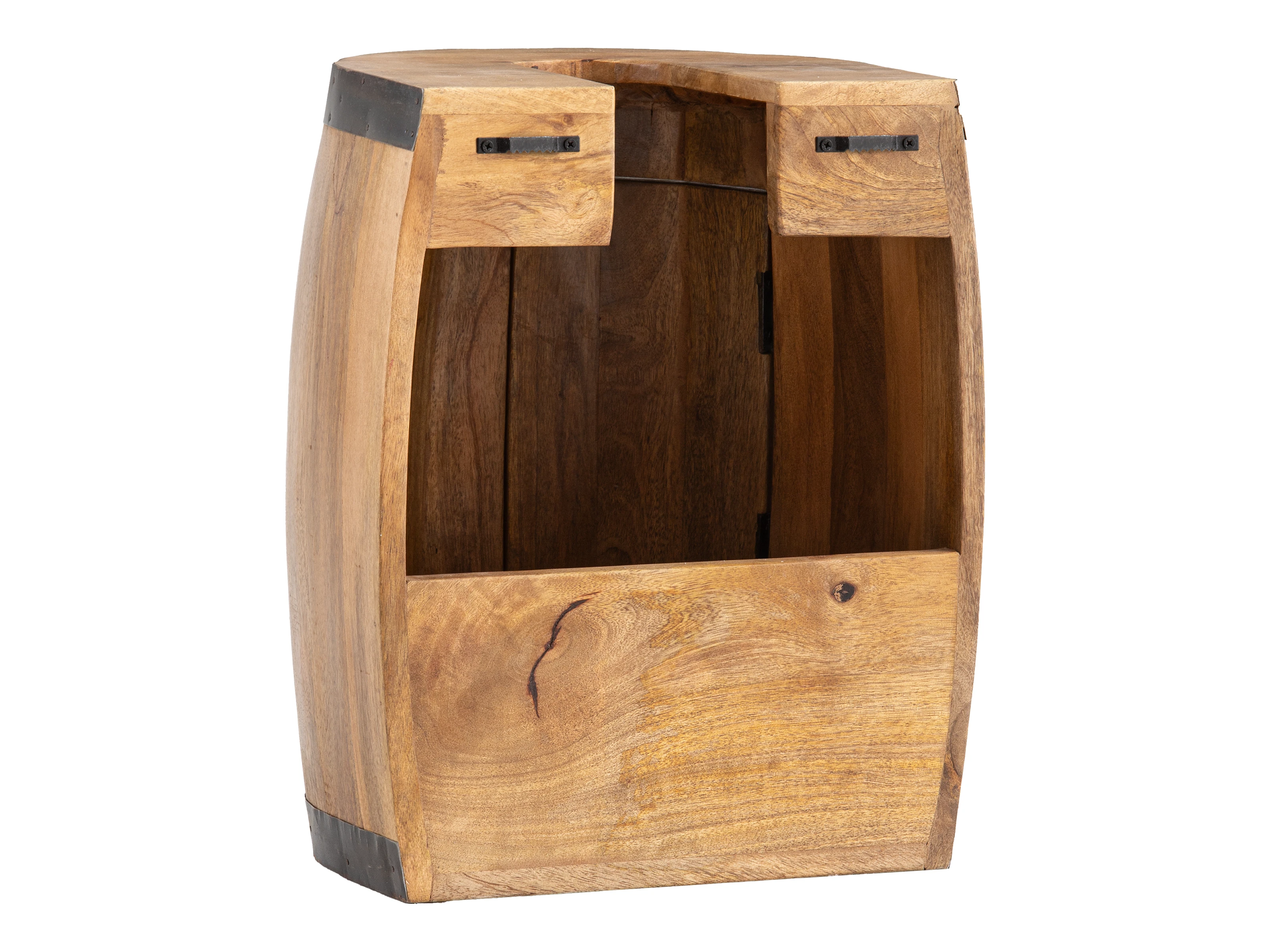 Freisteller Waschbeckenunterschrank Barrel aus lackiertem braunem Holz Frontansicht geöffnet mit Klapptüren B35×H50×T30cm