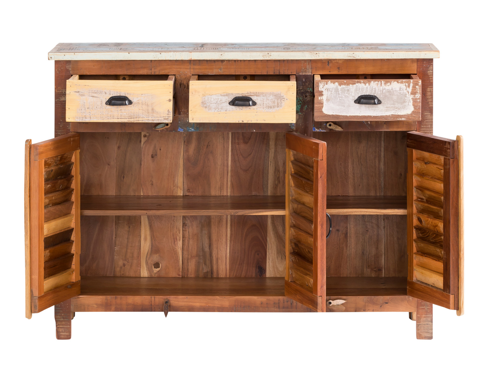 Sideboard Wakefield 3türig Holz - recyceltes Hartholz 122x90x42 Frontansicht geöffnet