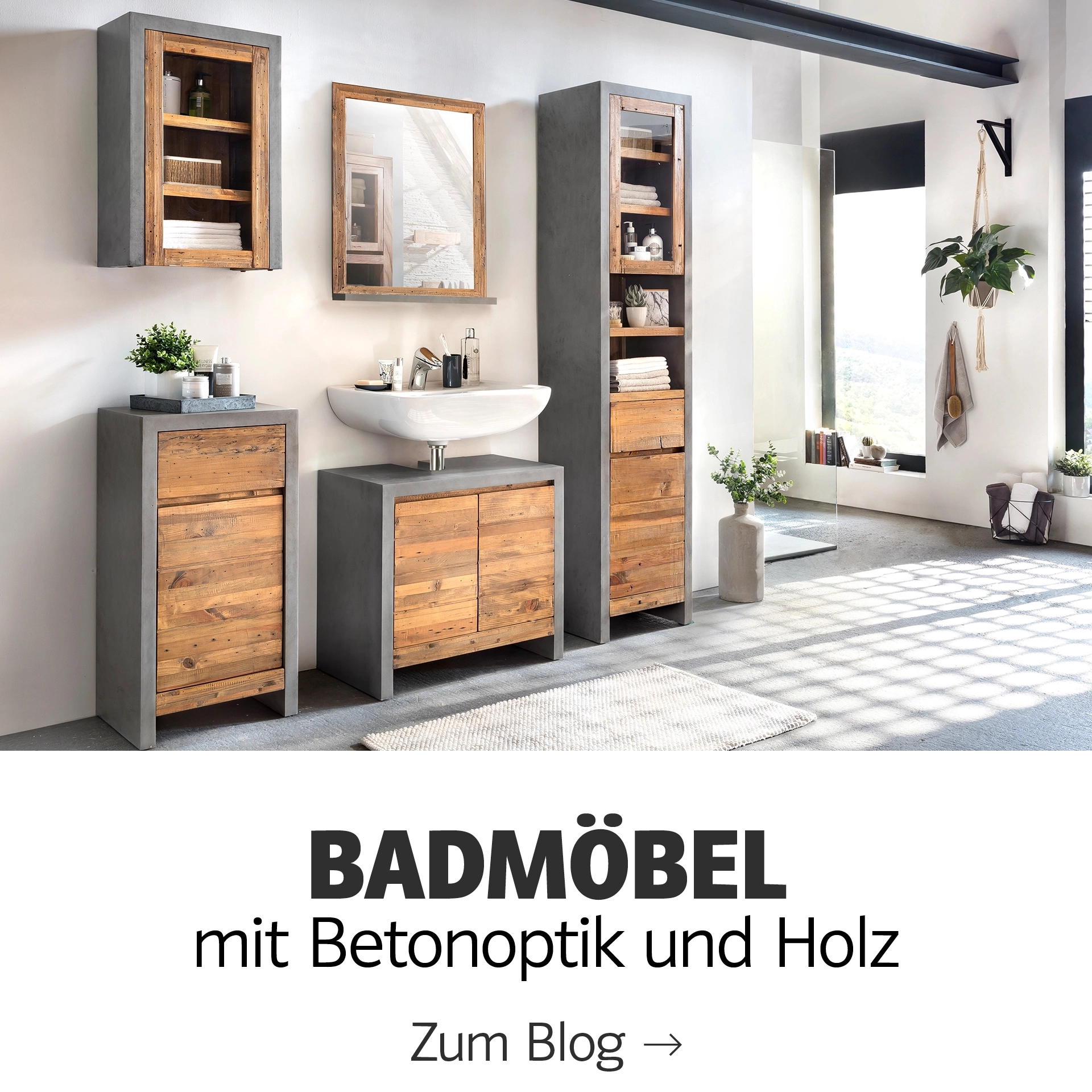 Moderne Badezimmermöbel in Holzoptik – kompakter Waschtisch mit klaren Linien, warme Naturtöne und schlichtes, zeitgemäßes Design
