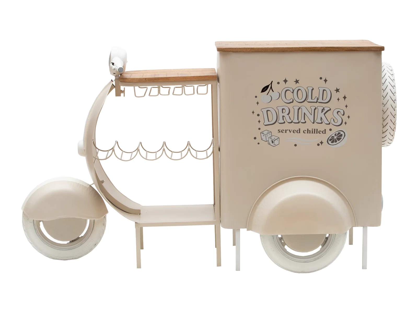 Bartresen Scooter als Freisteller, Seitenansicht: mobiler Getränkewagen aus Metall mit Holzplatte, „Cold Drinks“-Aufdruck und Rädern in Naturfarben.