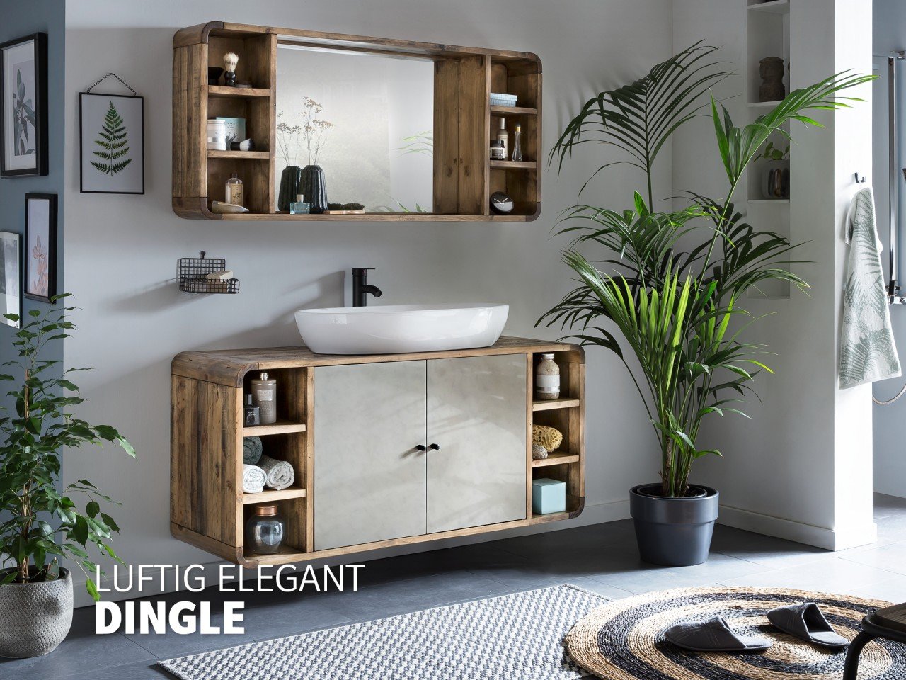 Waschtisch-Badmöbel-Set Dingle in heller Holzoptik mit Aufsatzbecken, Unterschrank und warmem, modern-skandinavischem Badambiente