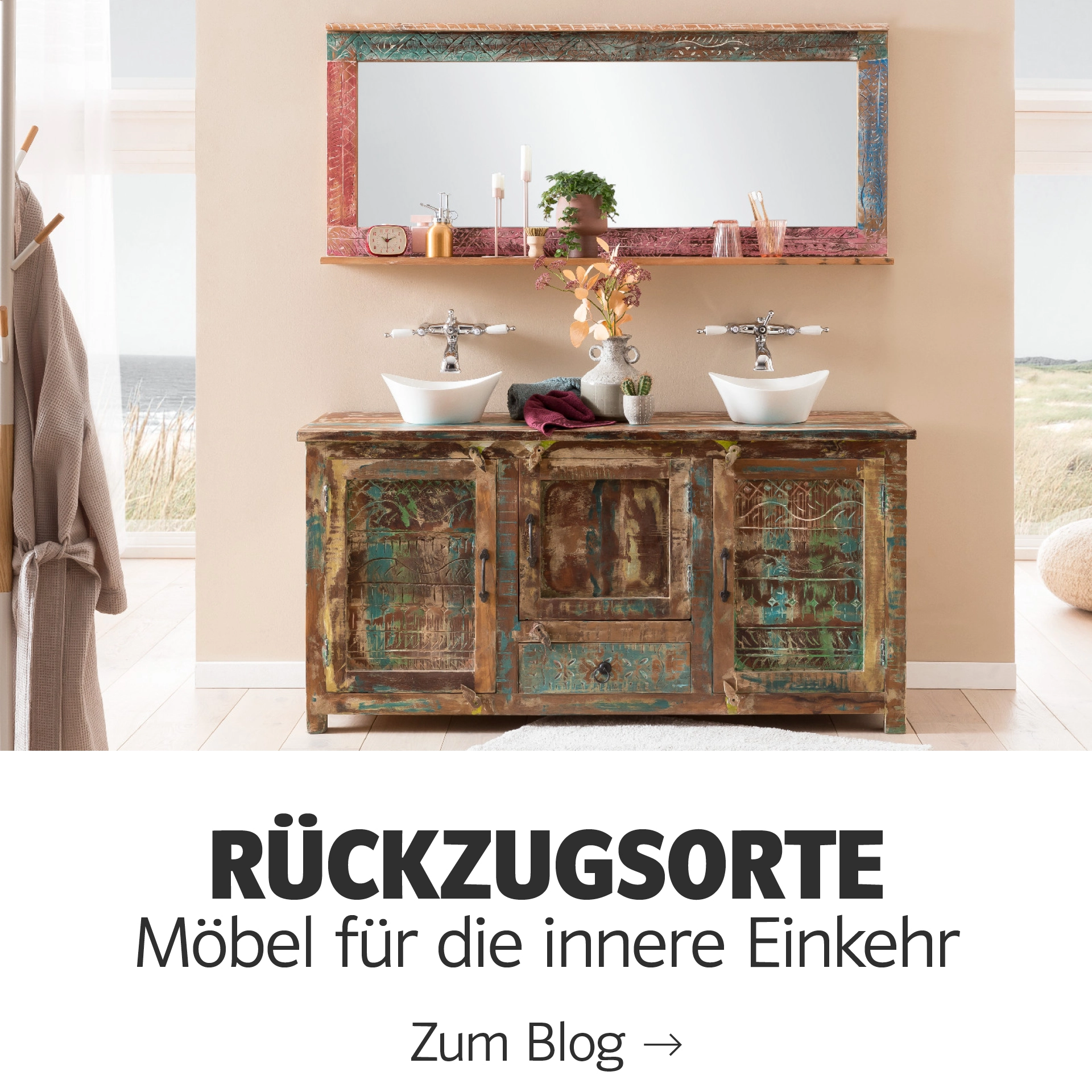 Kachelübersicht mit 30 Rückzugsorten: Collage aus Wohnambientes mit Holzmöbeln, warmen Naturtönen und gemütlicher Atmosphäre