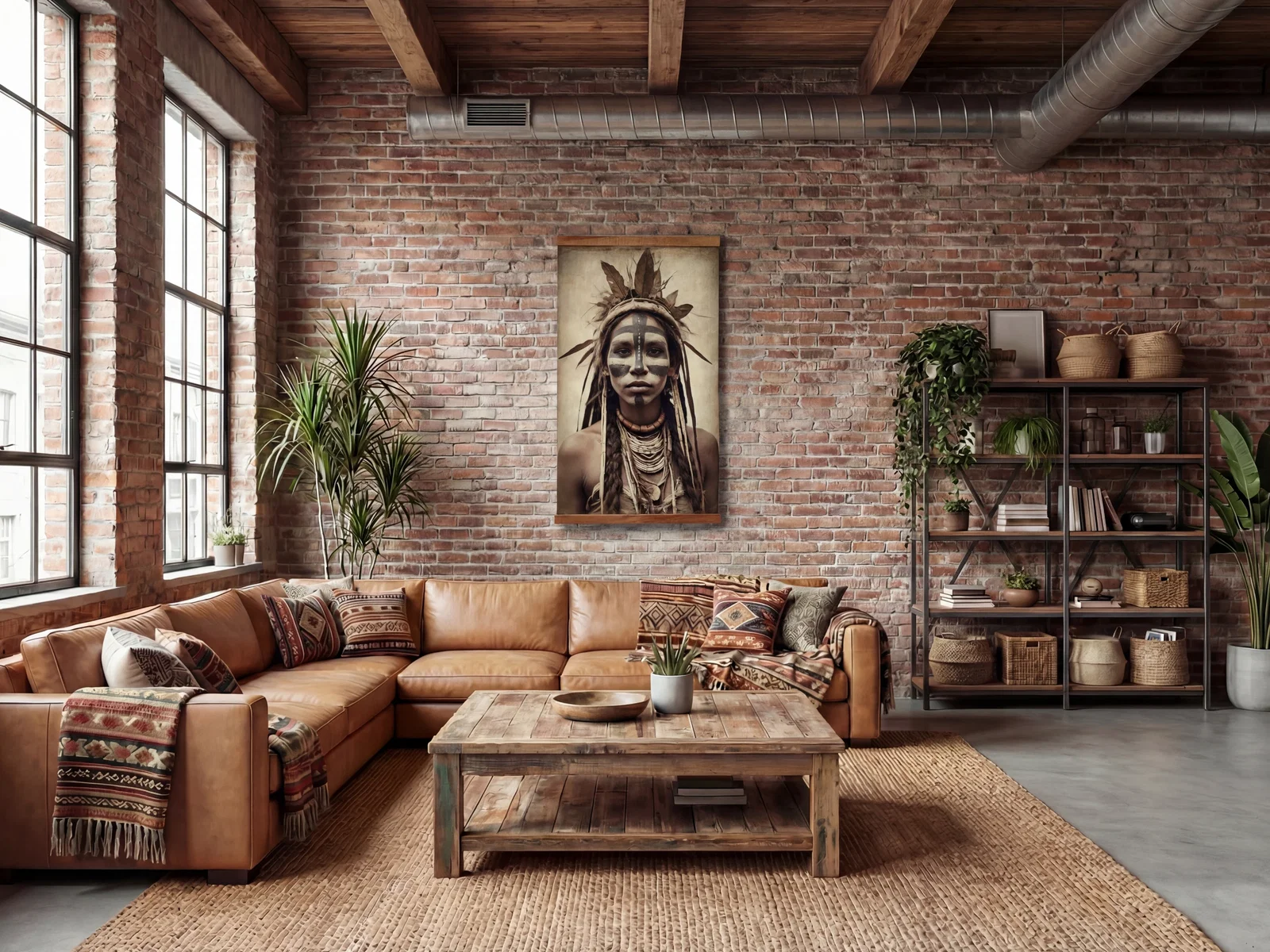 Canvas-Wandbild Ancestral Lines über einem Ledersofa in einem Wohnzimmer mit Holztisch, Pflanzen und gemusterten Textilien