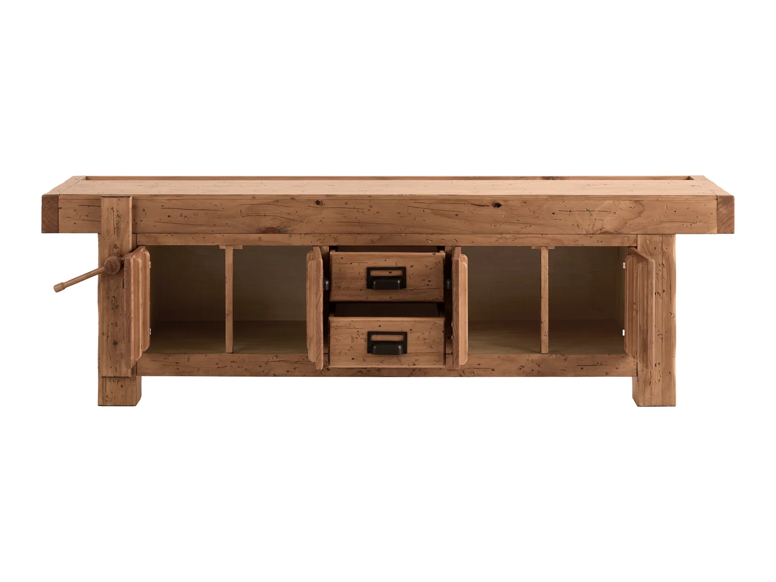 Freisteller TV-Bank Otago aus lackierter Pinie, Frontansicht geöffnet, braunes Holz mit 2 Türen und 2 Schubladen, rustikales Lowboard 180 cm breit