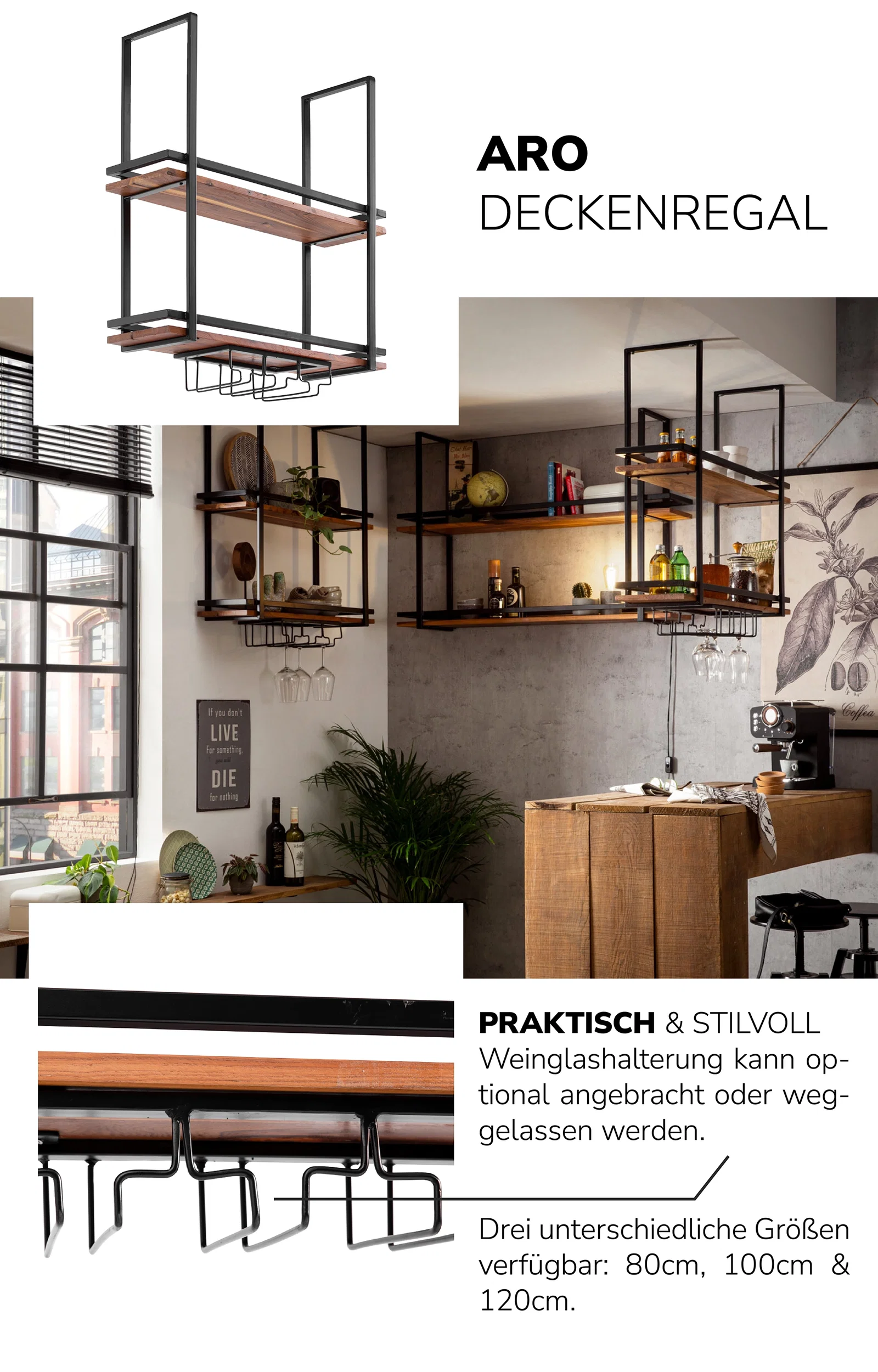 Collage des Holzmöbel‑Modells Aro mit Ambiente‑, Detail‑ und Frontansichten; warme Holzmaserung, modernes, natürliches Design