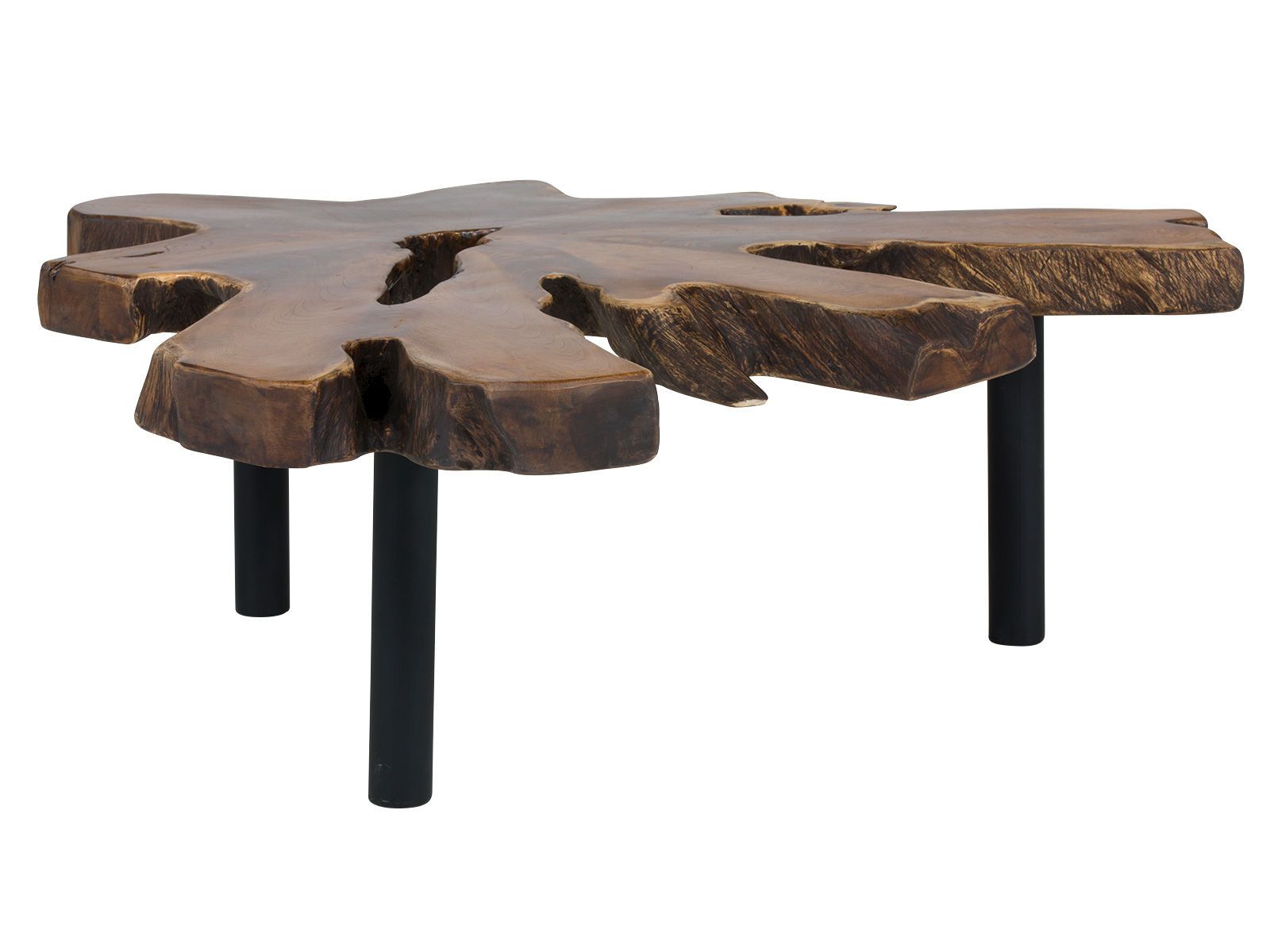 Baumkantentisch aus Eiche mit Naturkante, warme Holzmaserung, modernes Esszimmer im skandinavisch-rustikalen Stil.